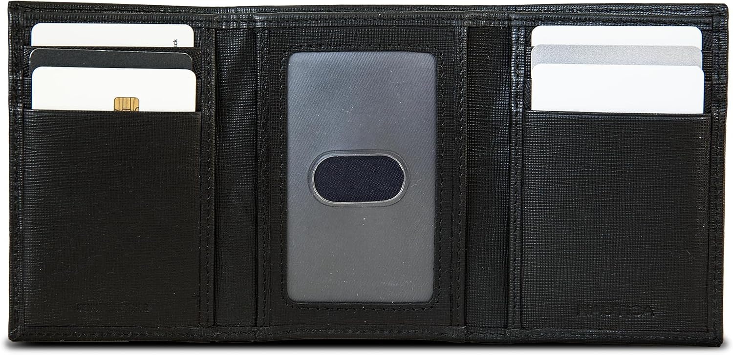 image:imageNautica Mens Trifold Wallet RFID Blocking Protection ID Window Card Slots Genuine Leather DurableSaffiano Black