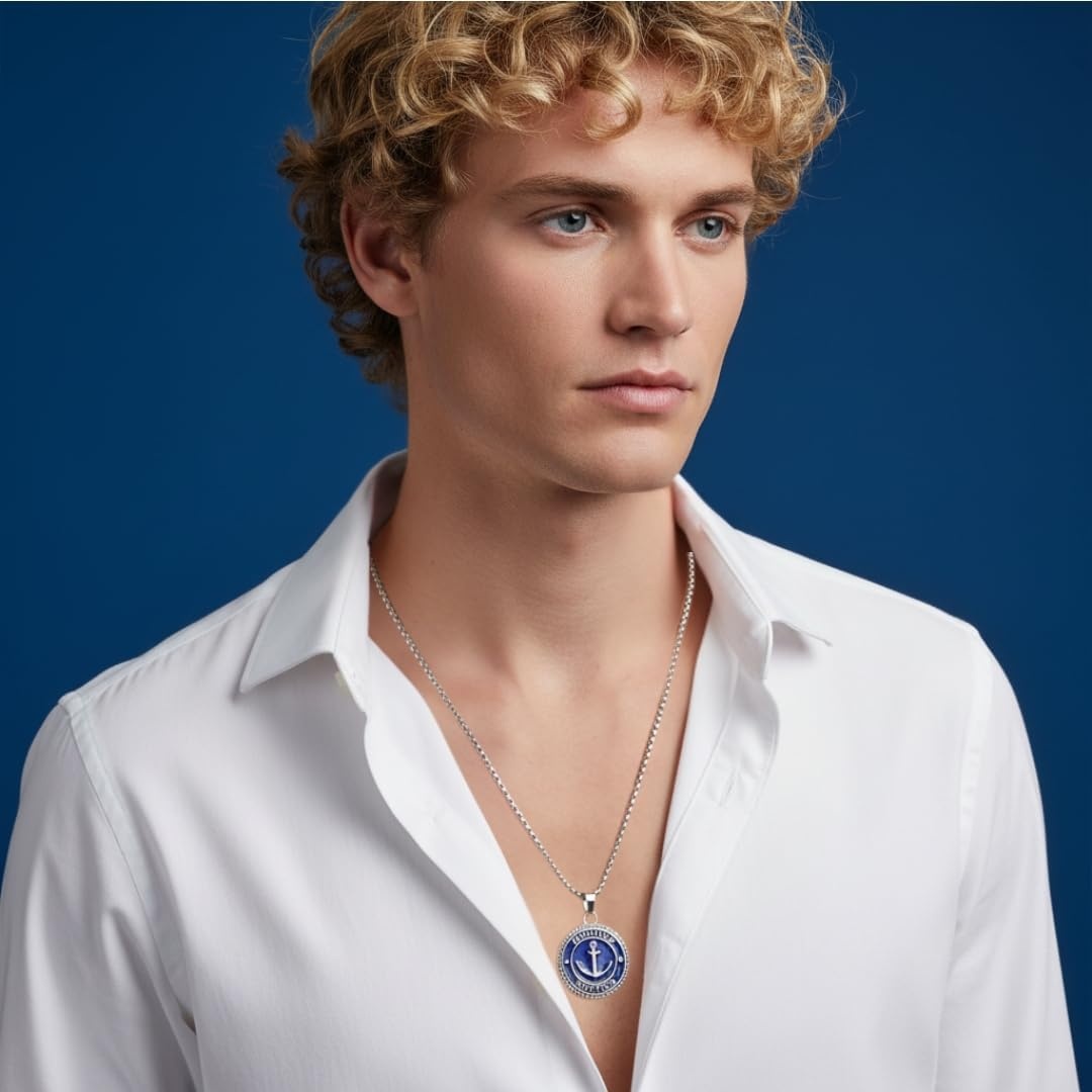 image:imageNautica Stainless Steel Blue Round Medallion Anchor Necklace for Men 24 Inch Rolo Chain