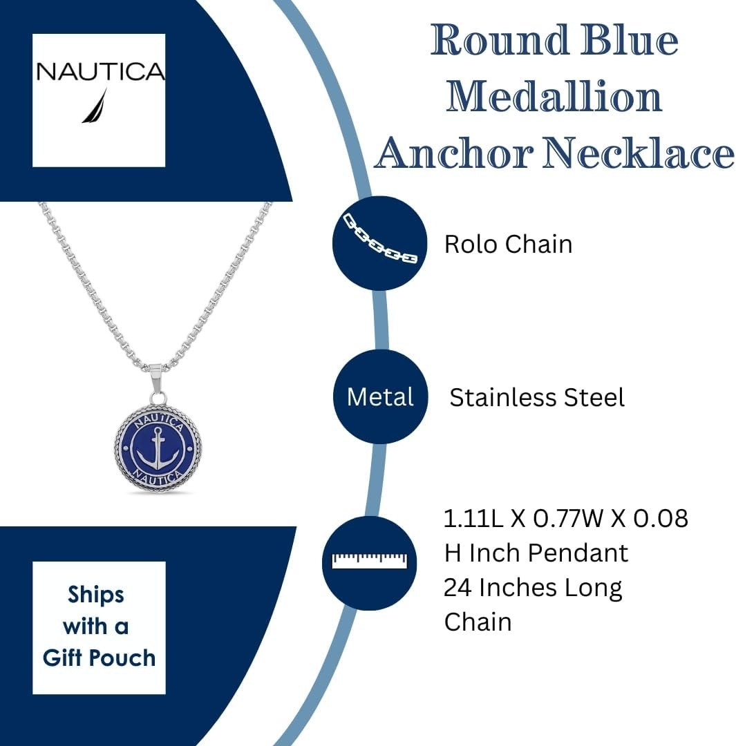 image:imageNautica Stainless Steel Blue Round Medallion Anchor Necklace for Men 24 Inch Rolo Chain