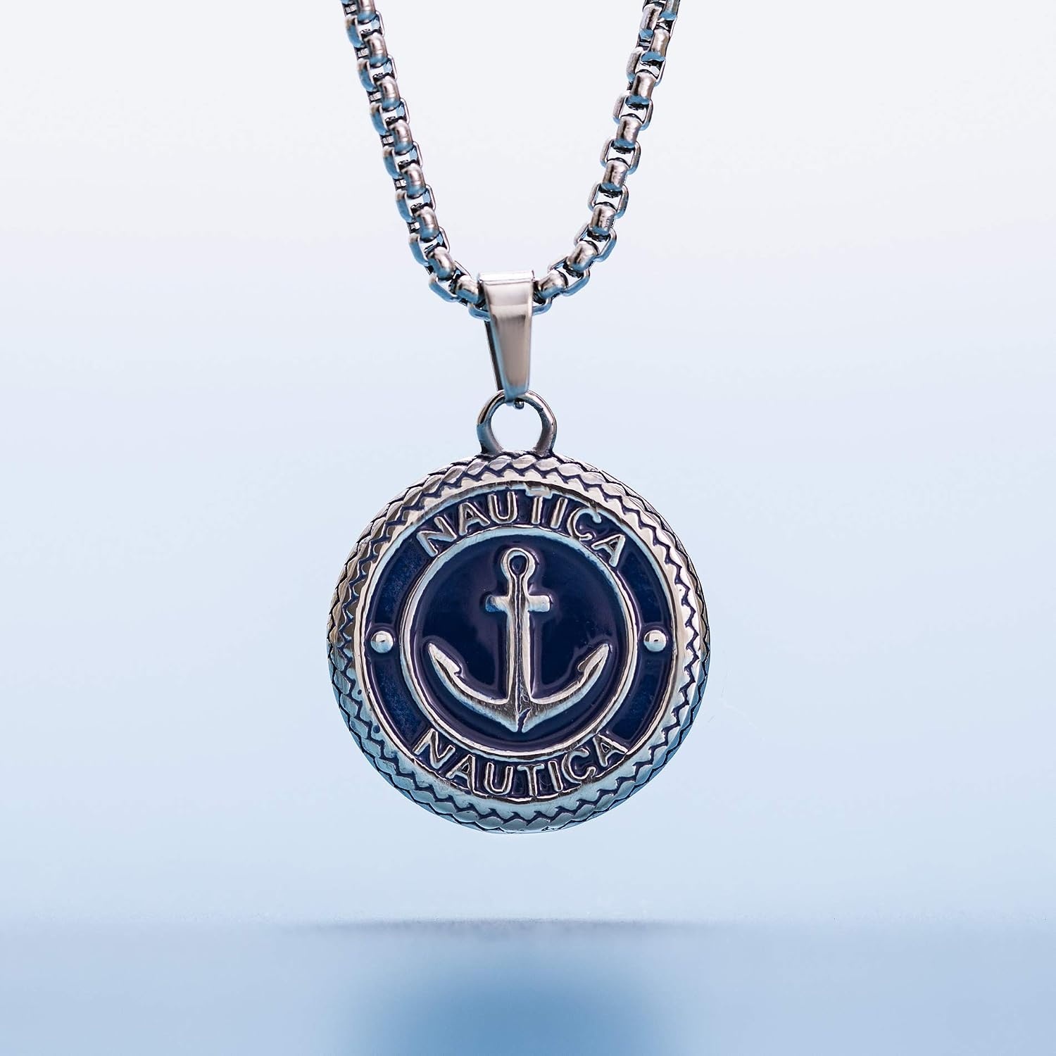 image:imageNautica Stainless Steel Blue Round Medallion Anchor Necklace for Men 24 Inch Rolo Chain