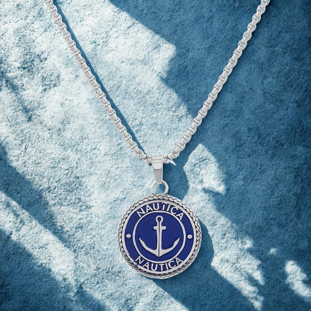 image:imageNautica Stainless Steel Blue Round Medallion Anchor Necklace for Men 24 Inch Rolo Chain