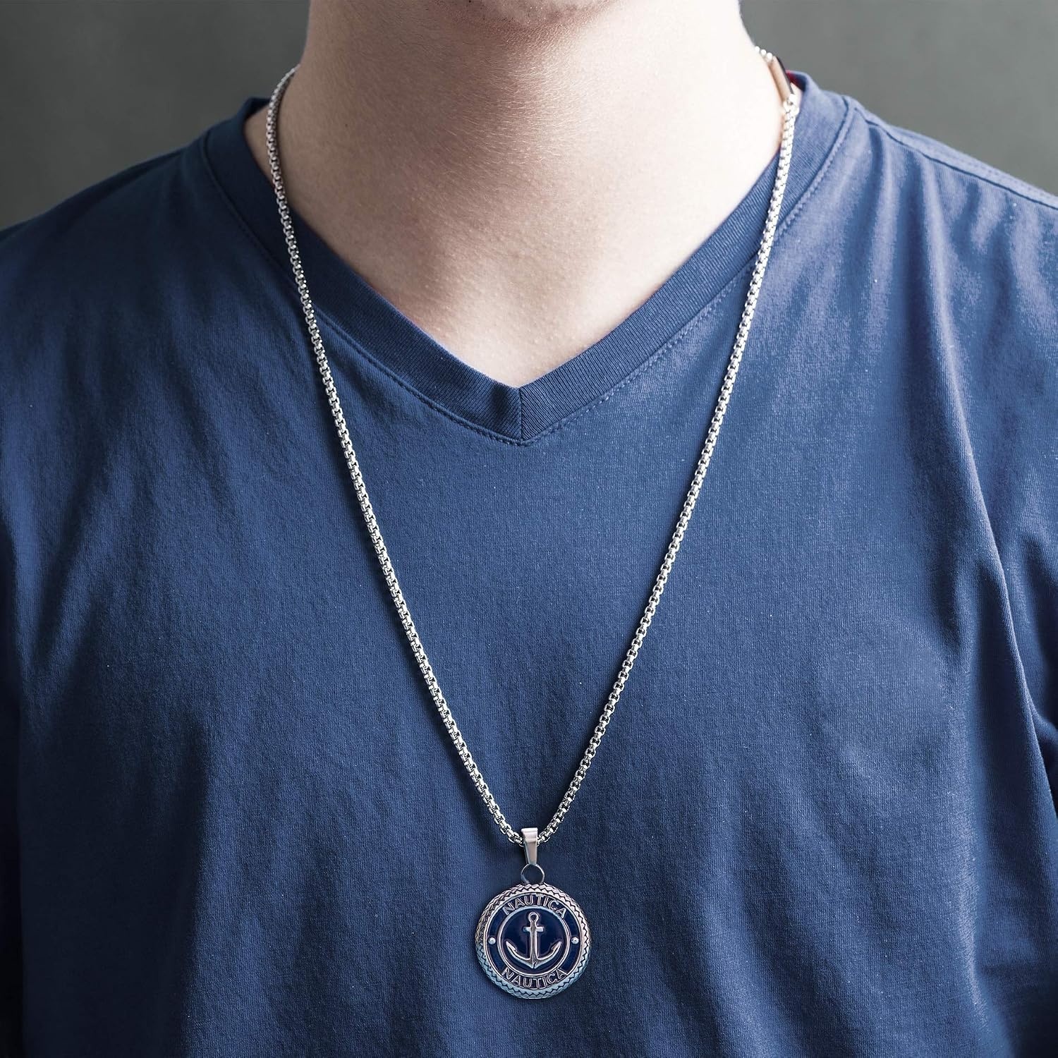 image:imageNautica Stainless Steel Blue Round Medallion Anchor Necklace for Men 24 Inch Rolo Chain