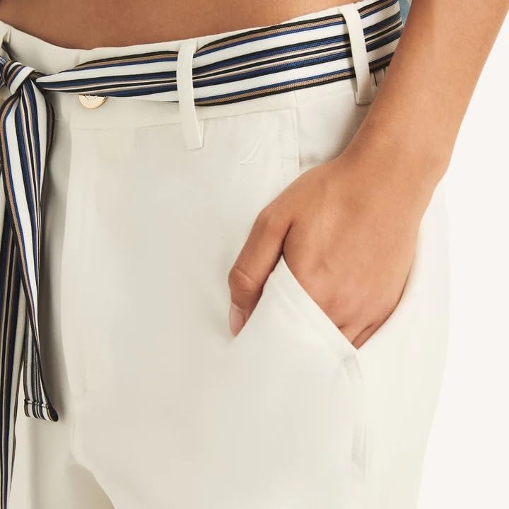 image:imageNautica Womens Belted Elastic Back Straight Leg Trouser PantIvory