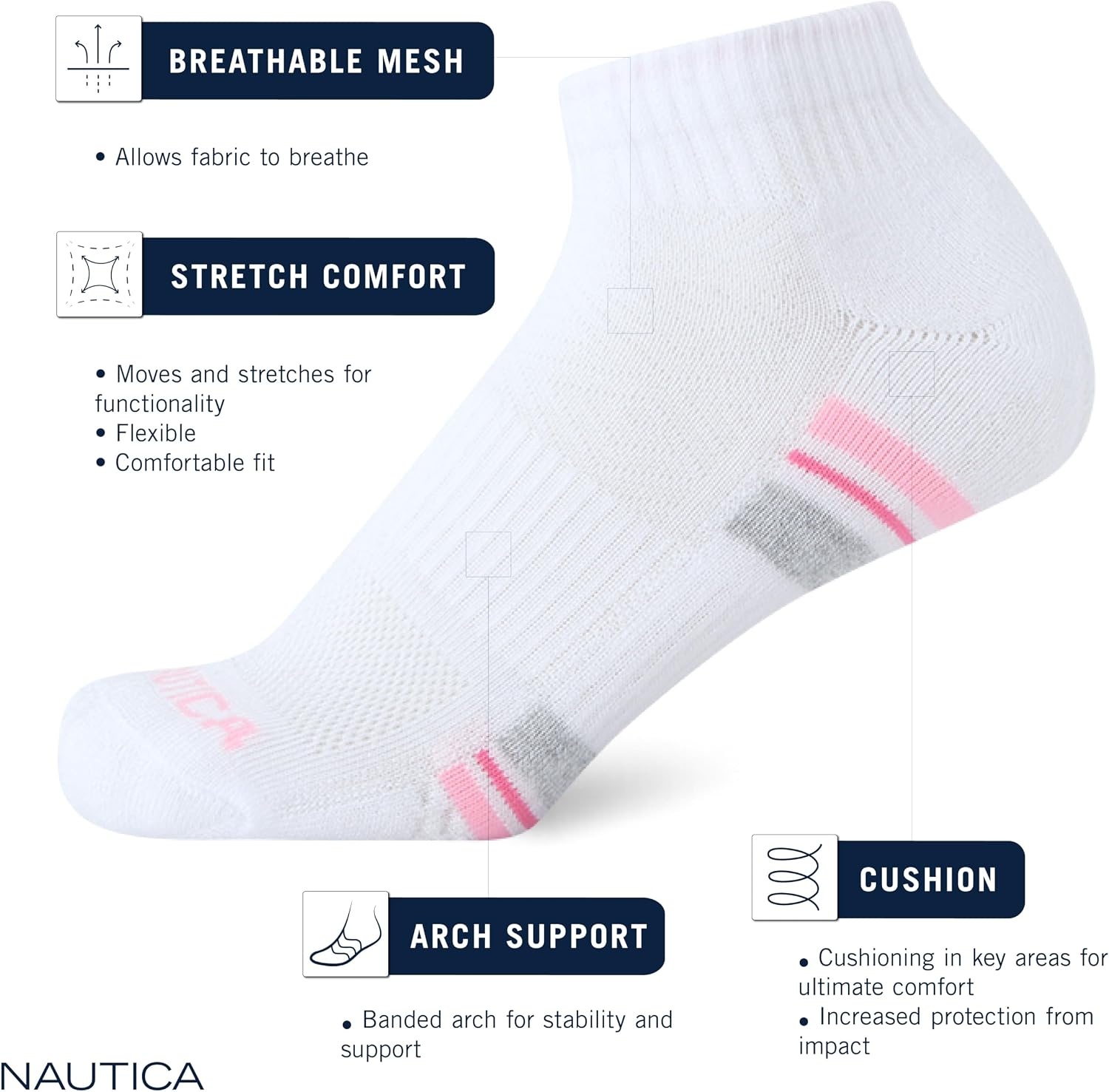 image:imageNautica Womens Quarter Cut Moisture Control Athletic Socks with Cushioned Comfort 12 PackClassic Black