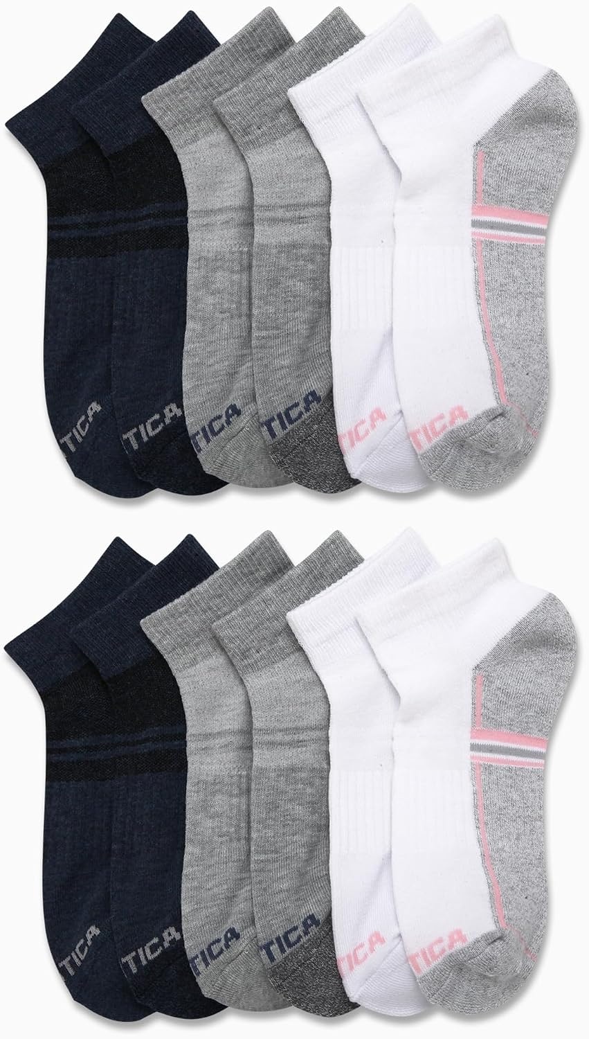 image:imageNautica Womens Quarter Cut Moisture Control Athletic Socks with Cushioned Comfort 12 PackGreyWhiteBlue