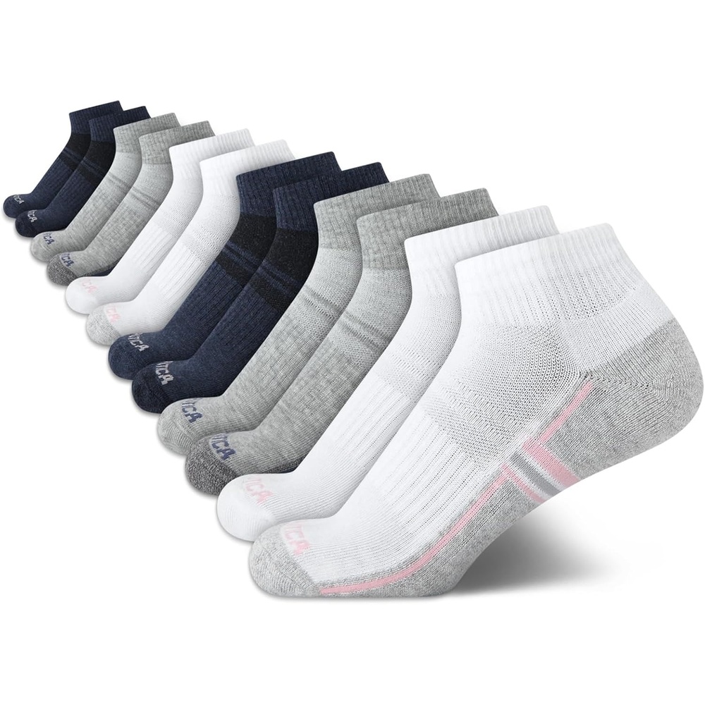 image:imageNautica Womens Quarter Cut Moisture Control Athletic Socks with Cushioned Comfort 12 PackGreyWhiteBlue