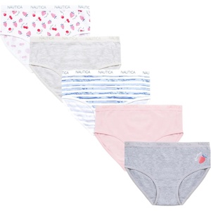 Nautica Girls Underwear Briefs – 5 Pack Comfort Stretch Mid-Waist Breathable Cotton Underwear Panties for Girls (4-12)(Light Heather Grey/Pink/Stripe/Print)