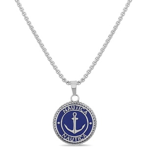 Nautica Stainless Steel Blue Round Medallion Anchor Necklace for Men 24 Inch Rolo Chain