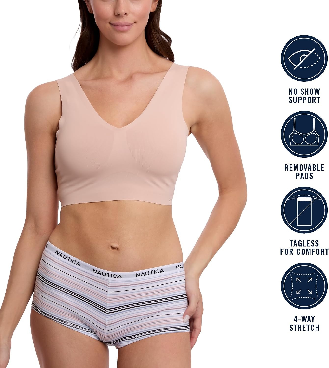 image:imageNautica Womens 3Pack Wireless Bra Laser Lounge NoShow Everyday Comfort BralettesBlackBarely TherePale Taupe