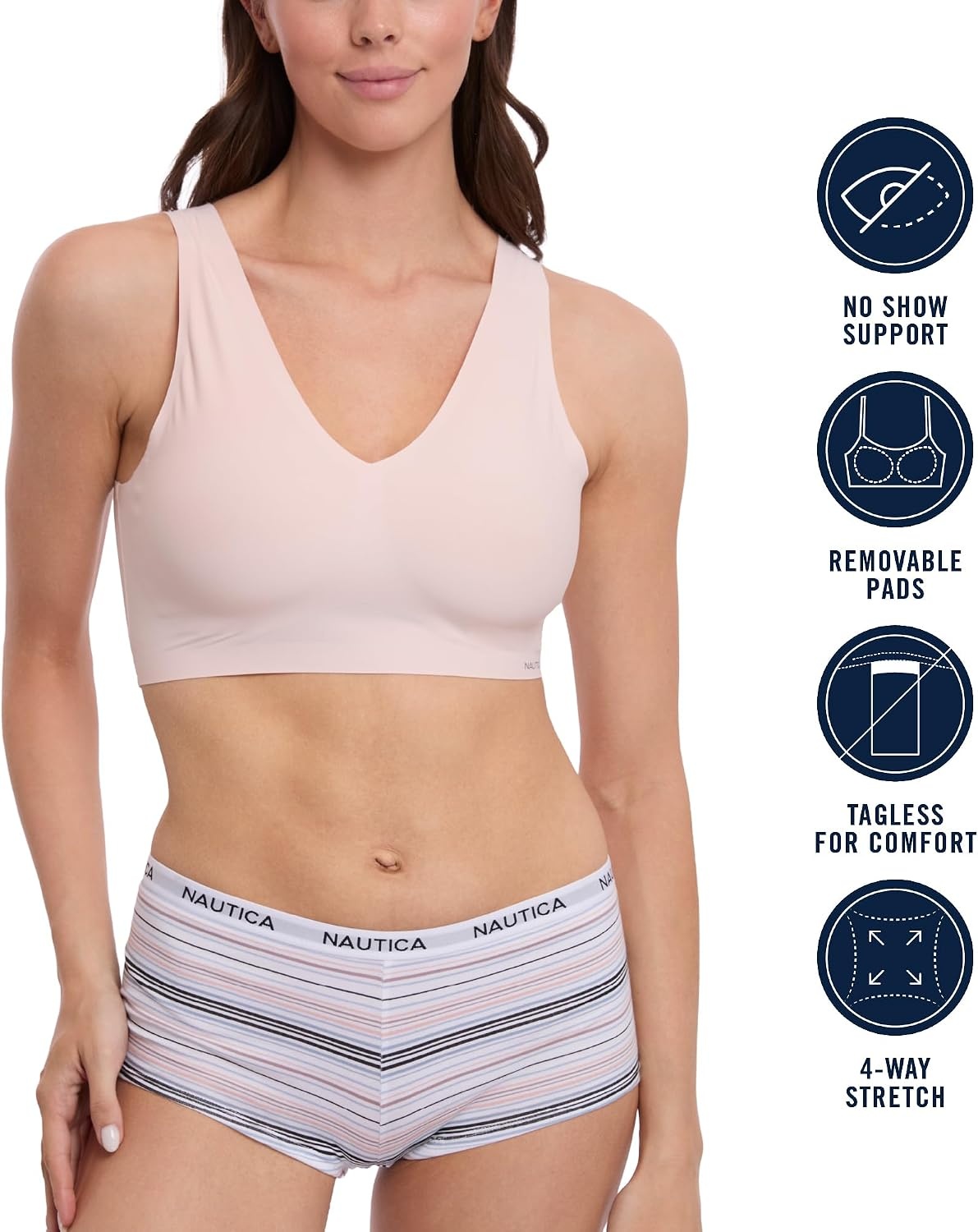 image:imageNautica Womens 3Pack Wireless Bra Laser Lounge NoShow Everyday Comfort BralettesSepia RoseCafe LatteNocturnal Navy