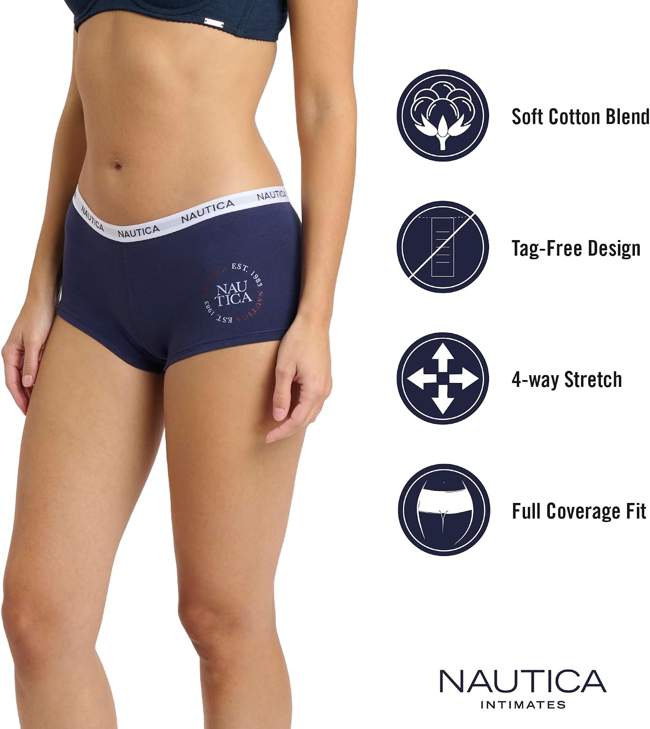 image:imageNautica Womens Cotton Boyshort Underwear Set 5PackNavy SeaStarlit GreyMd Heather GreyDeep PomegranateBrushed Floral