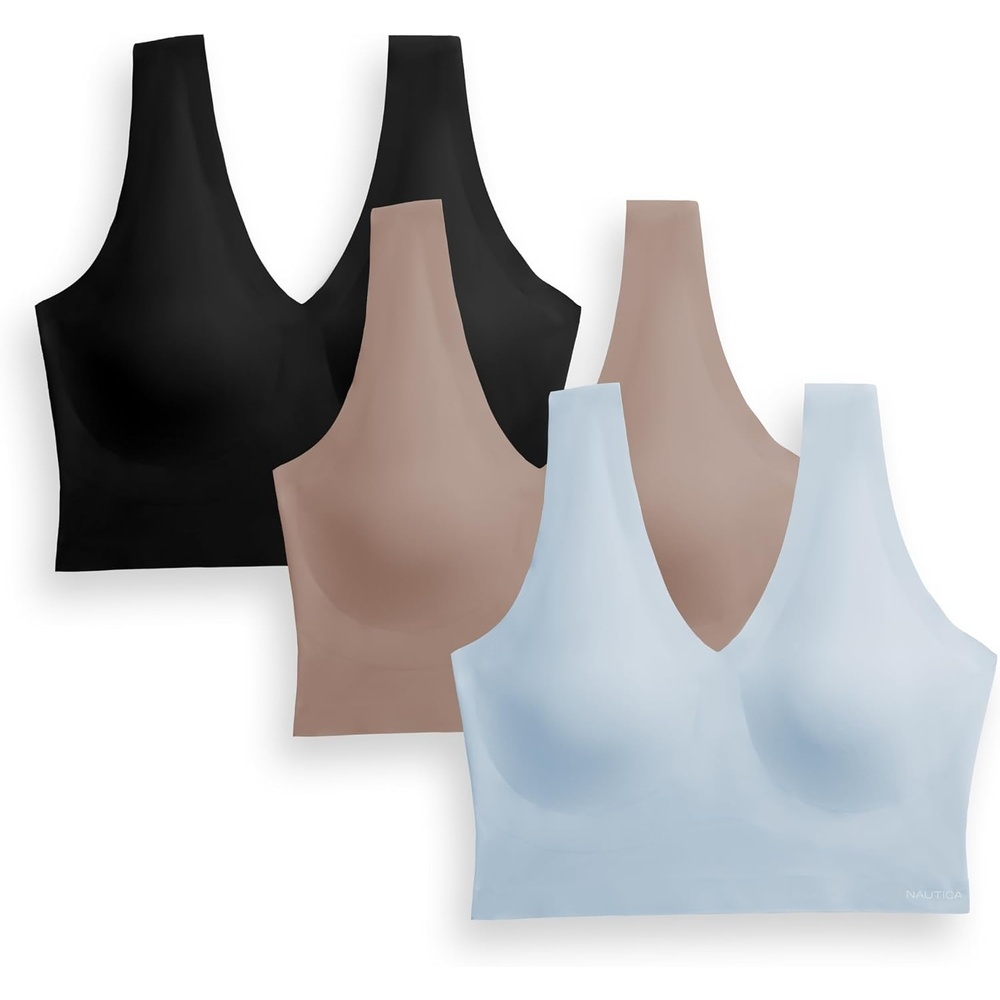 image:imageNautica Womens 3Pack Wireless Bra Laser Lounge NoShow Everyday Comfort BralettesZen BlueSphinxBlack