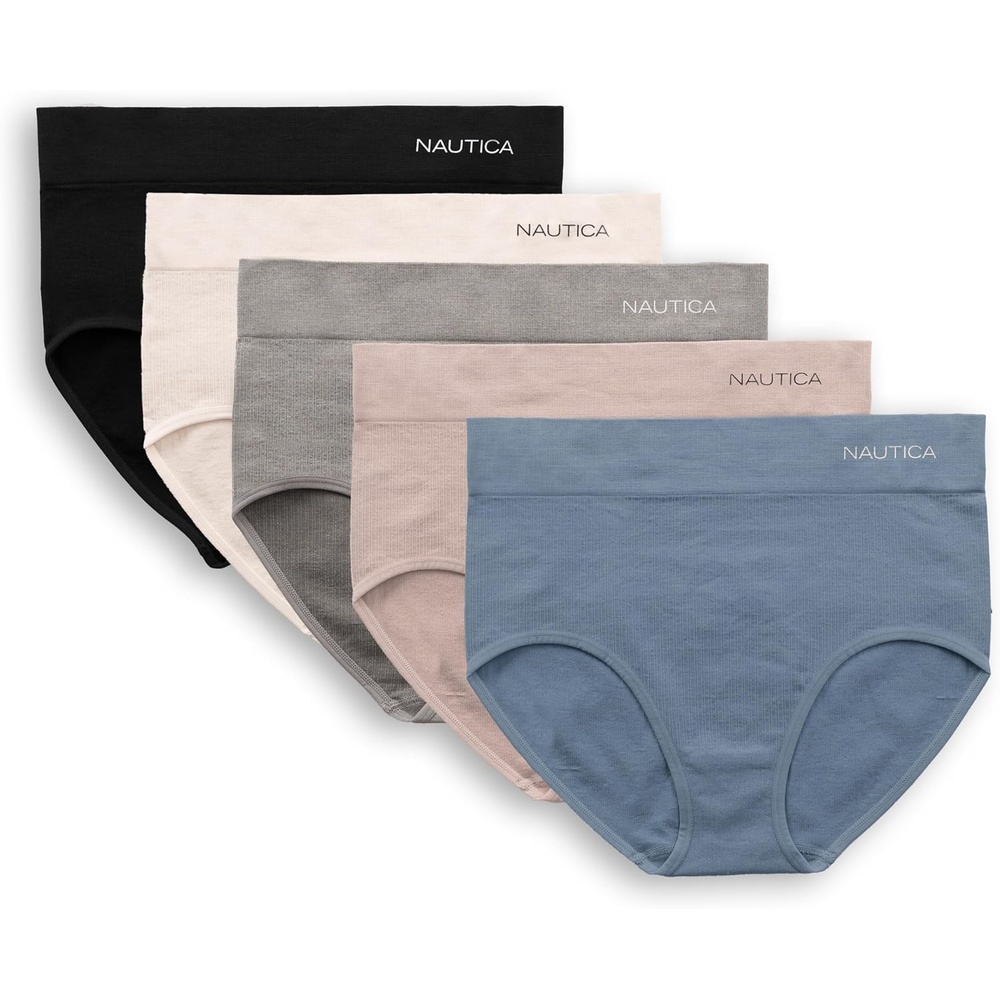 image:imageNautica Womens Seamless Ribbed Knit Brief Underwear Set 5PackChroniumApricot RoseMid Heather GreyIvory ShellBlack
