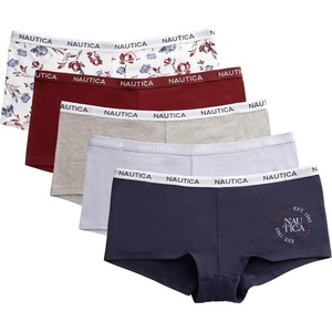 Nautica Women’s Cotton Boyshort Underwear Set, 5-Pack(Navy Sea/Starlit Grey/Md Heather Grey/Deep Pomegranate/Brushed Floral)