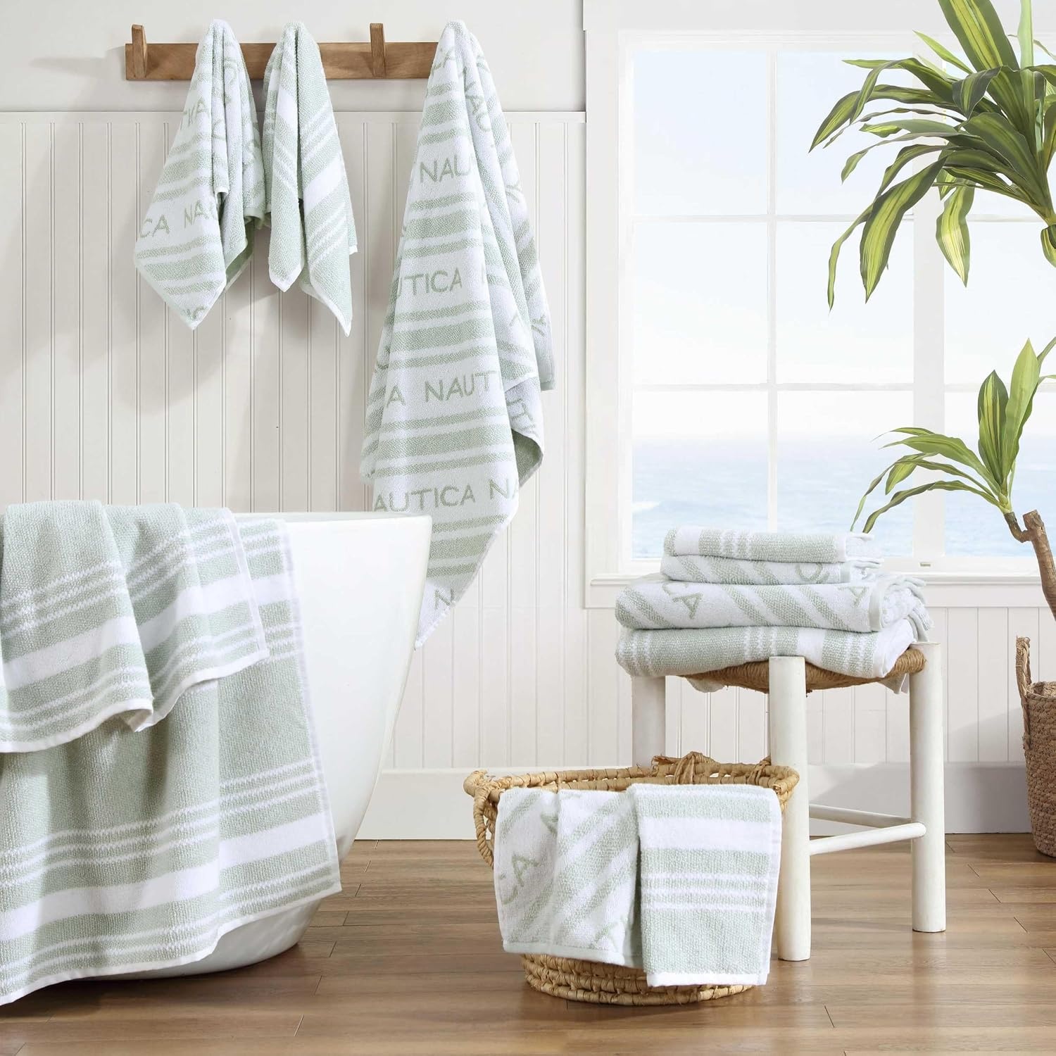 image:imageNautica Bath Towels 100 Soft amp Absorbent Plush Cotton Towels with Yarn Dye Loops Medium Weight Bathroom Towels Cruise Along Blue 6 PieceMinera Green