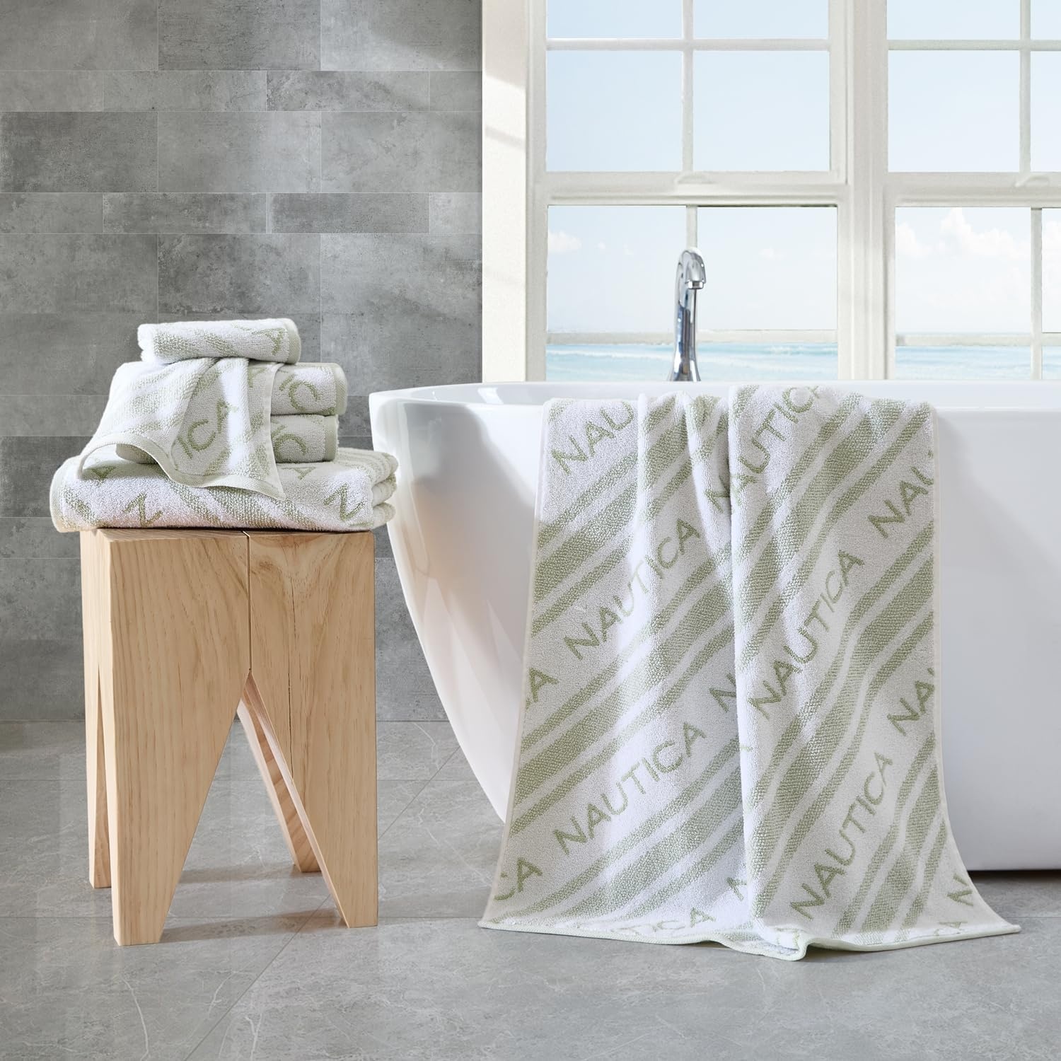image:imageNautica Bath Towels 100 Soft amp Absorbent Plush Cotton Towels with Yarn Dye Loops Medium Weight Bathroom Towels Cruise Along Blue 6 PieceMinera Green