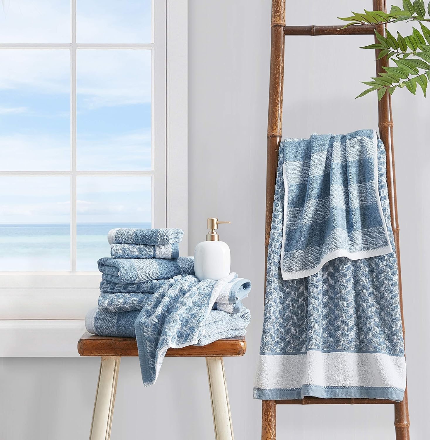 image:imageNautica Bath Towels 100 Soft amp Absorbent Plush Cotton Towels with Yarn Dye Loops Medium Weight Bathroom Towels Cruise Along Blue 6 PieceOak Lake Blue