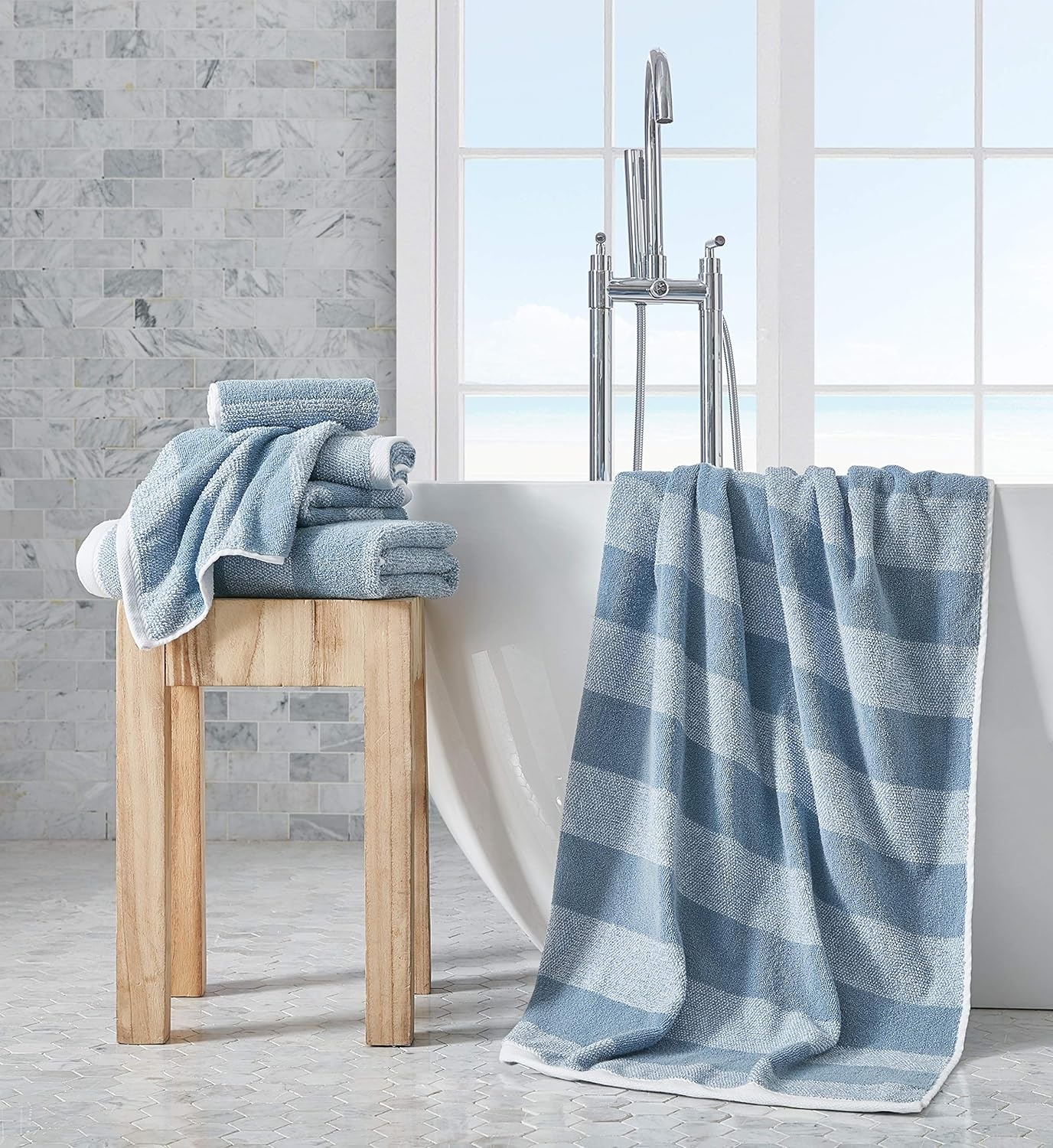 image:imageNautica Bath Towels 100 Soft amp Absorbent Plush Cotton Towels with Yarn Dye Loops Medium Weight Bathroom Towels Cruise Along Blue 6 PieceOak Lake Blue