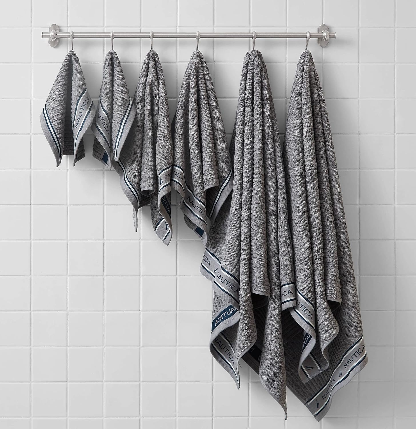 image:imageNautica Bath Towels 100 Soft amp Absorbent Plush Cotton Towels with Yarn Dye Loops Medium Weight Bathroom Towels Cruise Along Blue 6 PieceSignature Grey