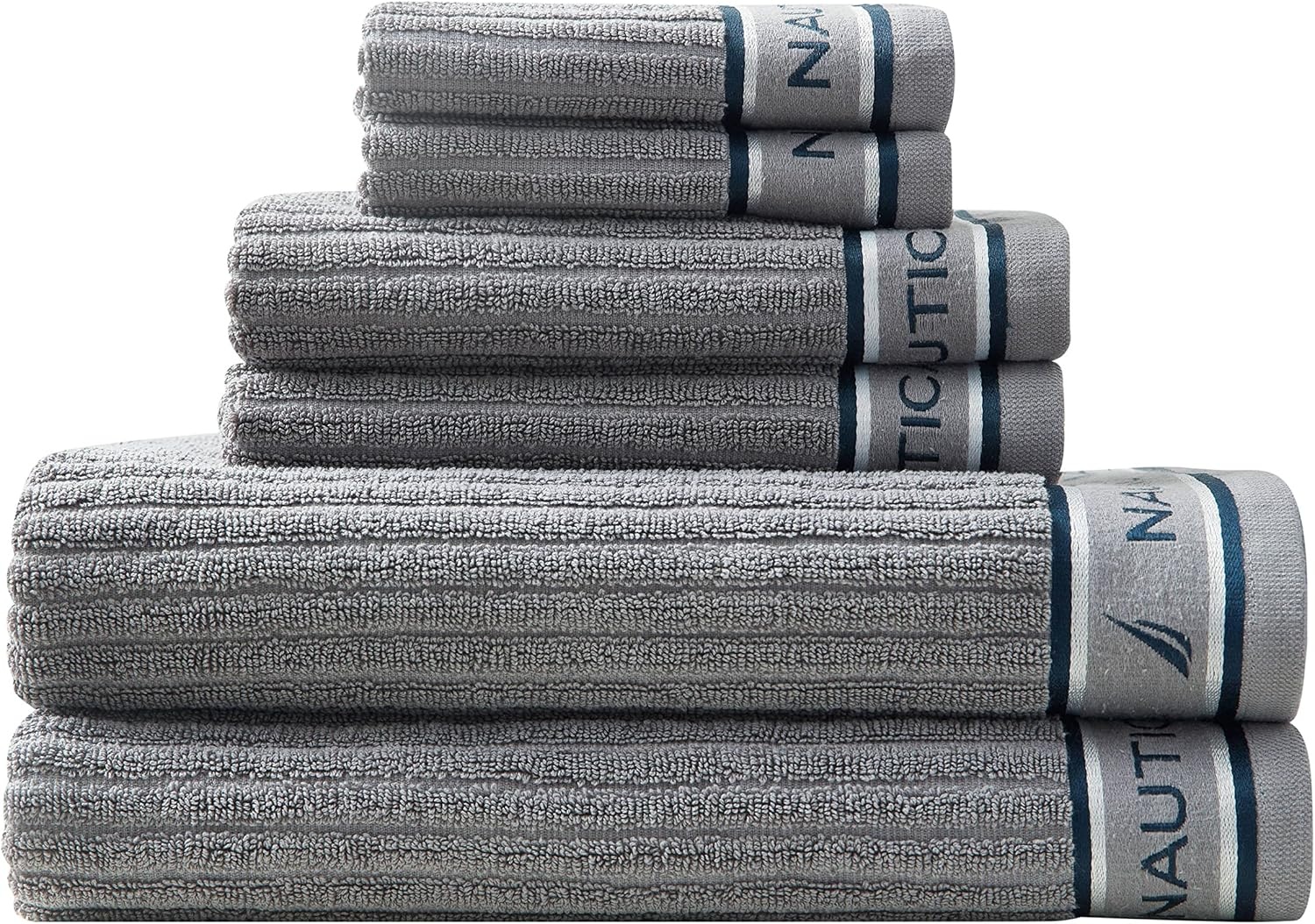 image:imageNautica Bath Towels 100 Soft amp Absorbent Plush Cotton Towels with Yarn Dye Loops Medium Weight Bathroom Towels Cruise Along Blue 6 PieceSignature Grey