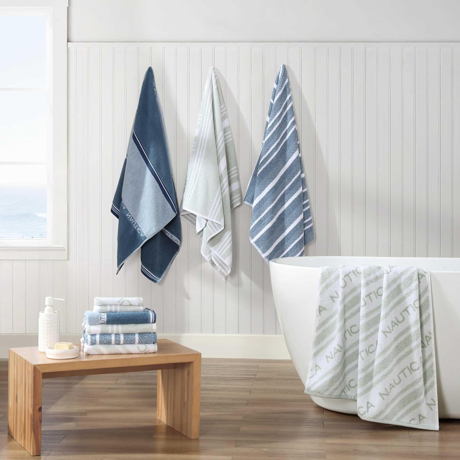 image:imageNautica Bath Towels 100 Soft amp Absorbent Plush Cotton Towels with Yarn Dye Loops Medium Weight Bathroom Towels Cruise Along Blue 6 PieceWindward Green