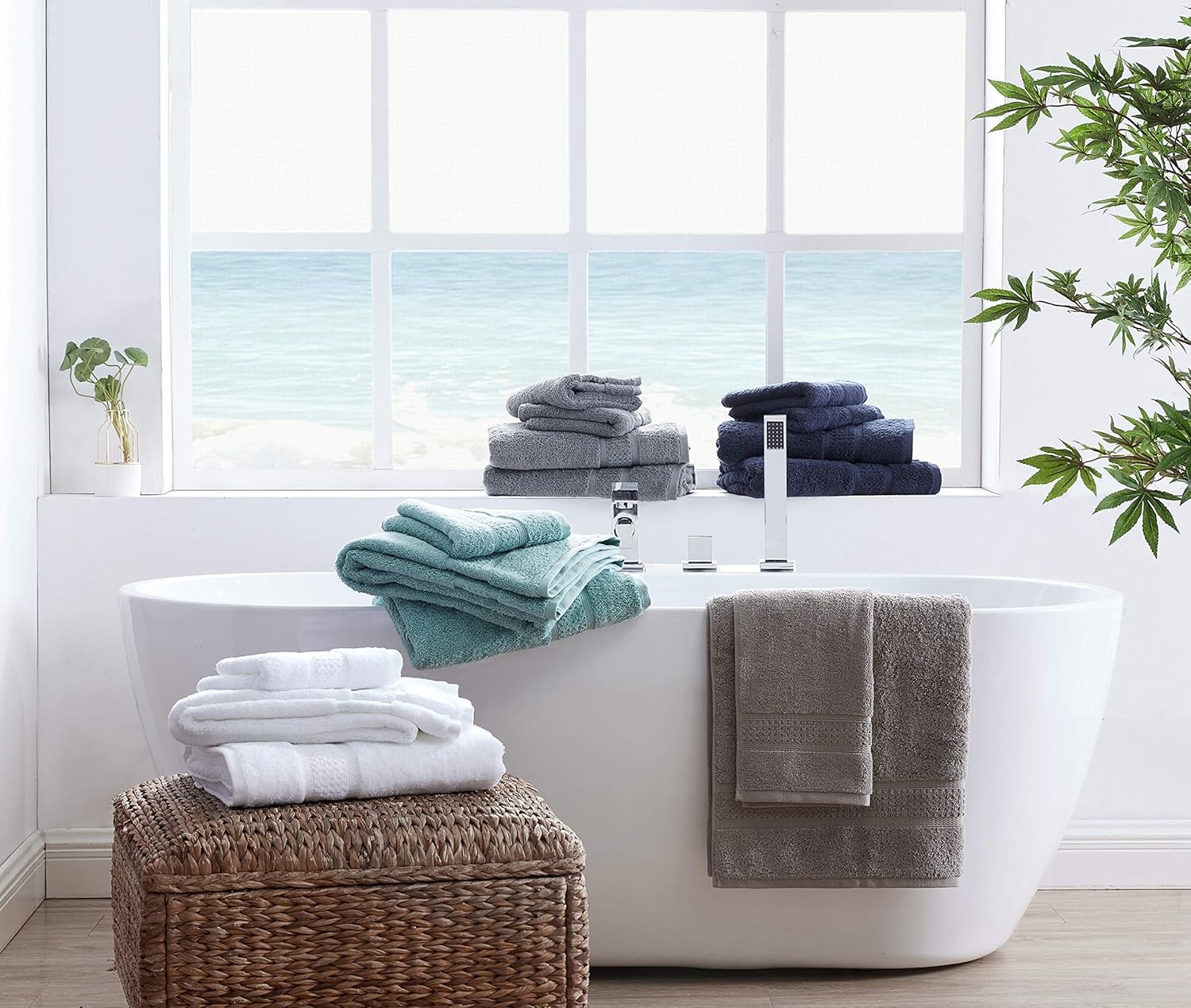 image:imageNautica Bathroom Towels Soft Cotton Washcloth Bath amp Hand Towel Set Highly Absorbent amp Quick Dry Zero Twist Set of 6 College Dorm Room Essentials Oceane WhiteOceane Grey