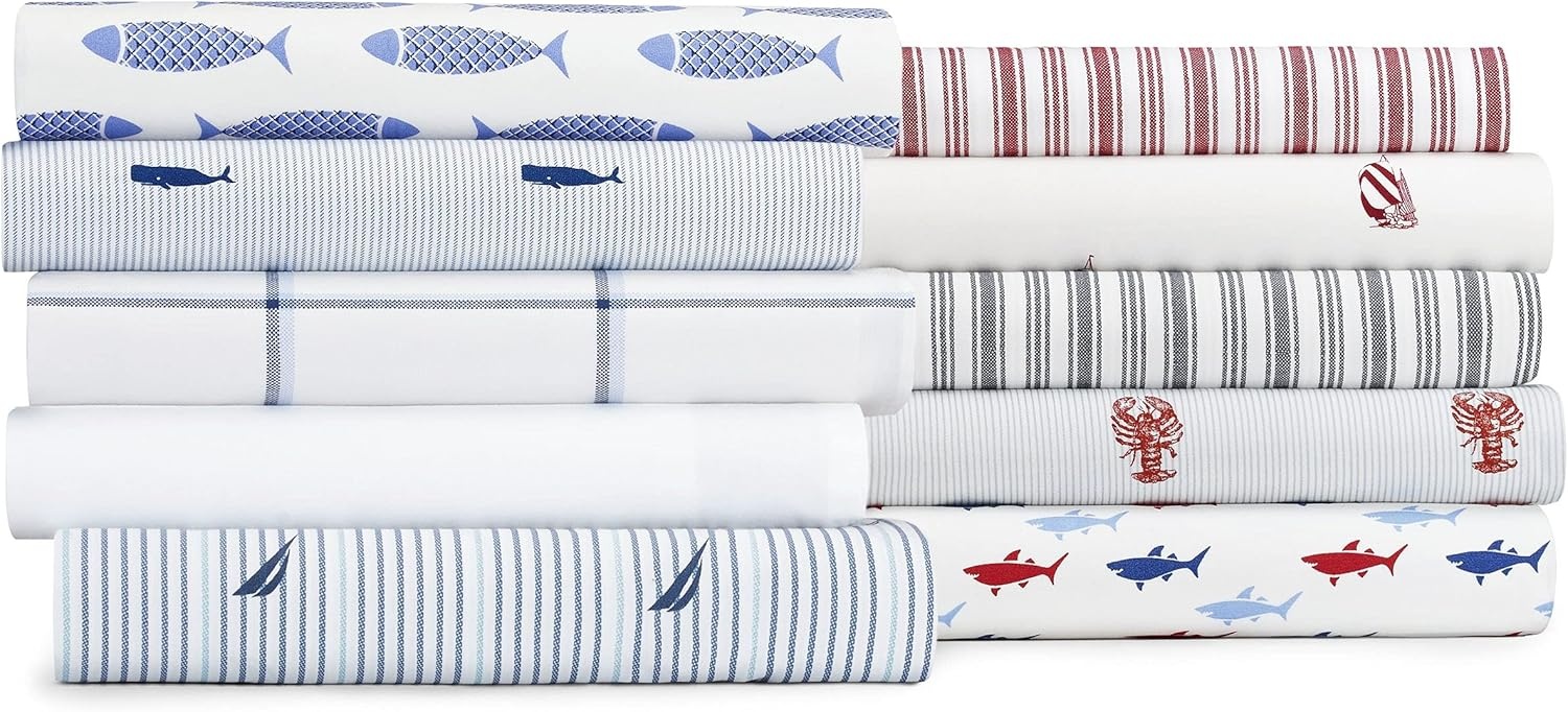 image:imageNautica Full Size Sheet Set Crisp Cotton Percale Bedding with Matching Pillowcases Lightweight amp Breathable Bed Sheets Deep Pocket College Dorm Room Essentials Whitewood Sail BlueAudley Blue