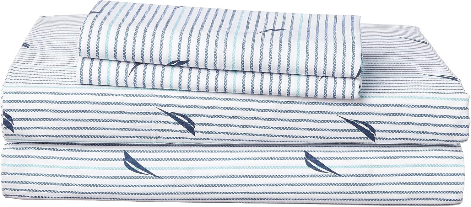 image:imageNautica Full Size Sheet Set Crisp Cotton Percale Bedding with Matching Pillowcases Lightweight amp Breathable Bed Sheets Deep Pocket College Dorm Room Essentials Whitewood Sail BlueAudley Blue