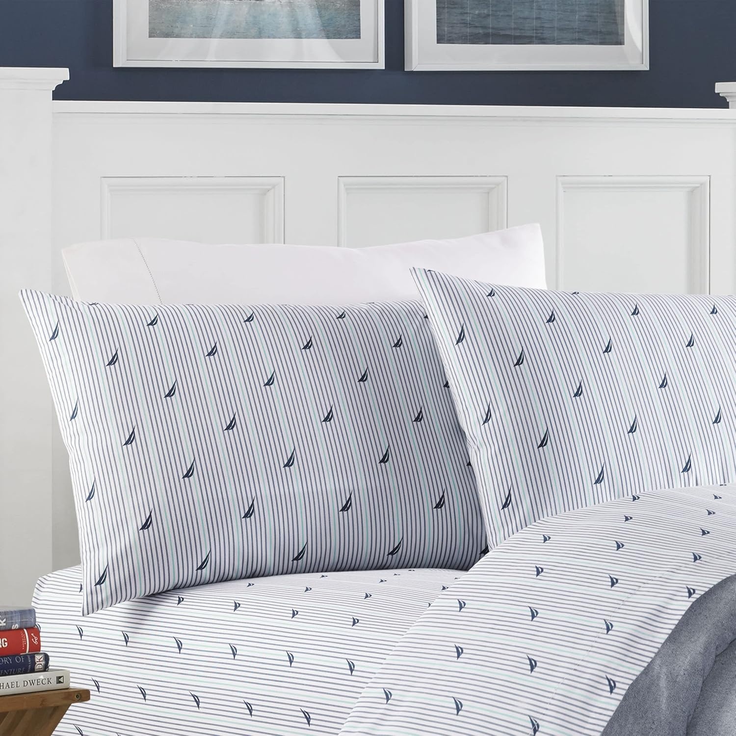 image:imageNautica Full Size Sheet Set Crisp Cotton Percale Bedding with Matching Pillowcases Lightweight amp Breathable Bed Sheets Deep Pocket College Dorm Room Essentials Whitewood Sail BlueAudley Blue