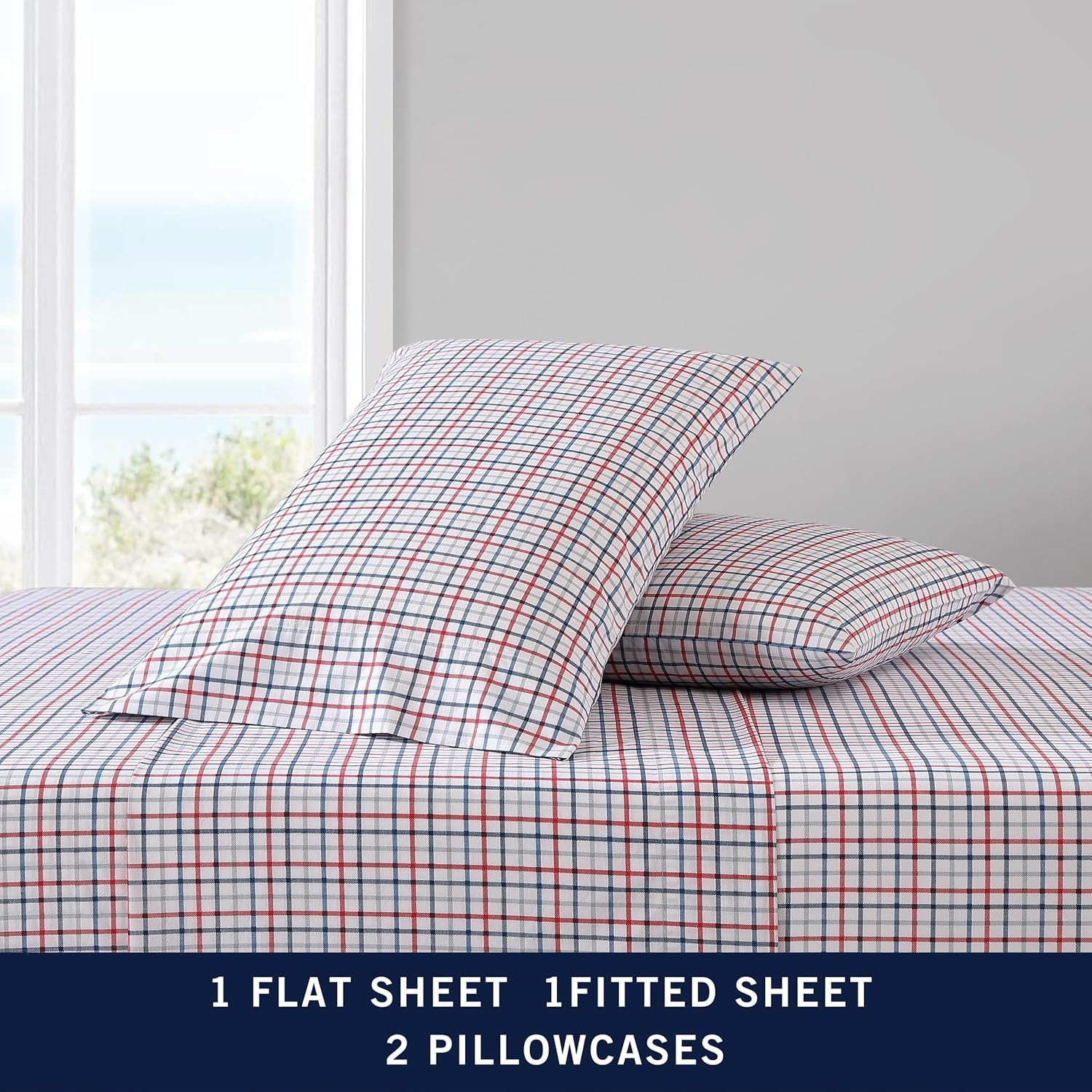 image:imageNautica Full Size Sheet Set Crisp Cotton Percale Bedding with Matching Pillowcases Lightweight amp Breathable Bed Sheets Deep Pocket College Dorm Room Essentials Whitewood Sail BlueBoating Tattersall