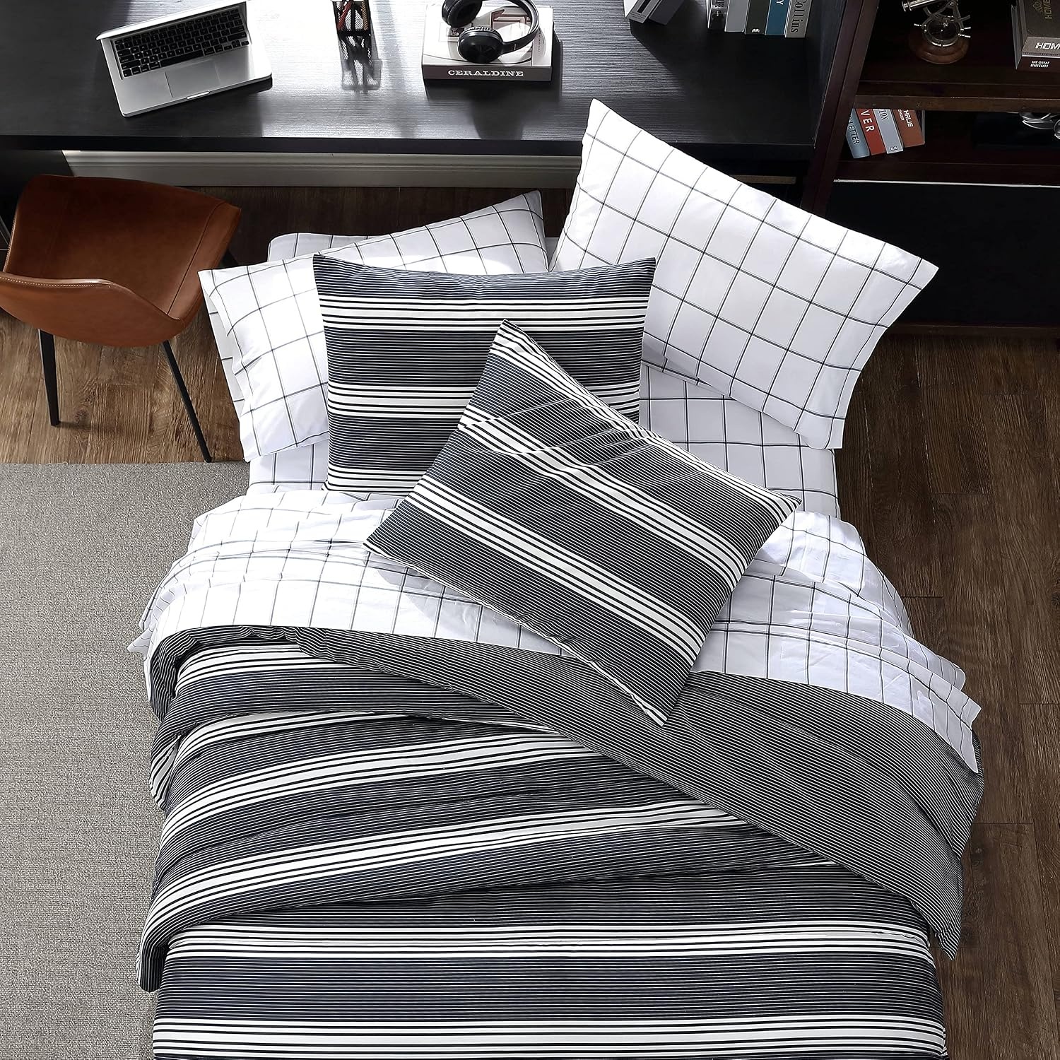 image:imageNautica Queen Comforter Set Reversible Bedding with Matching Shams Stripe Room Decor Bed Set College Dorm Room Essentials Craver CharcoalCraver BlackWhite