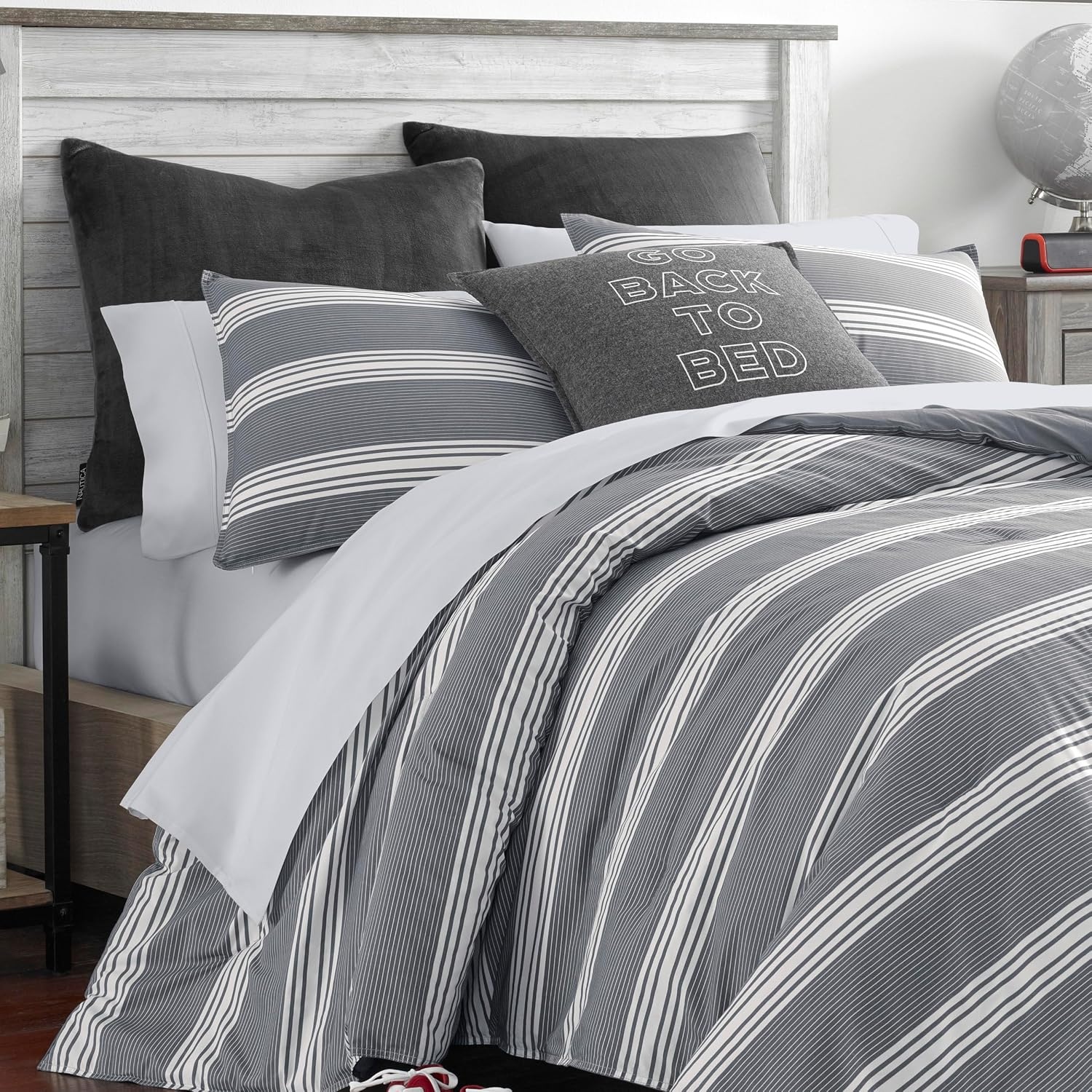 image:imageNautica Queen Comforter Set Reversible Bedding with Matching Shams Stripe Room Decor Bed Set College Dorm Room Essentials Craver CharcoalCraver Grey