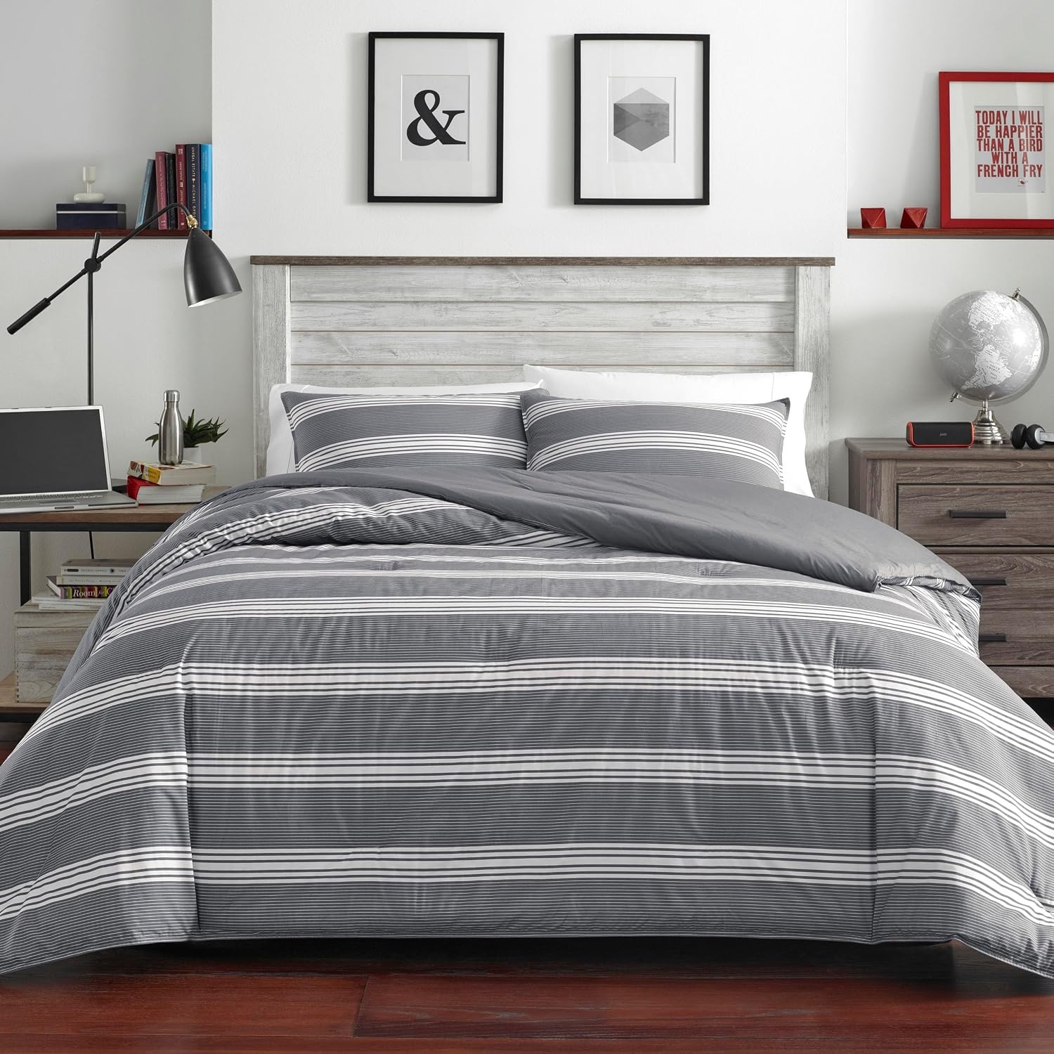 image:imageNautica Queen Comforter Set Reversible Bedding with Matching Shams Stripe Room Decor Bed Set College Dorm Room Essentials Craver CharcoalCraver Grey