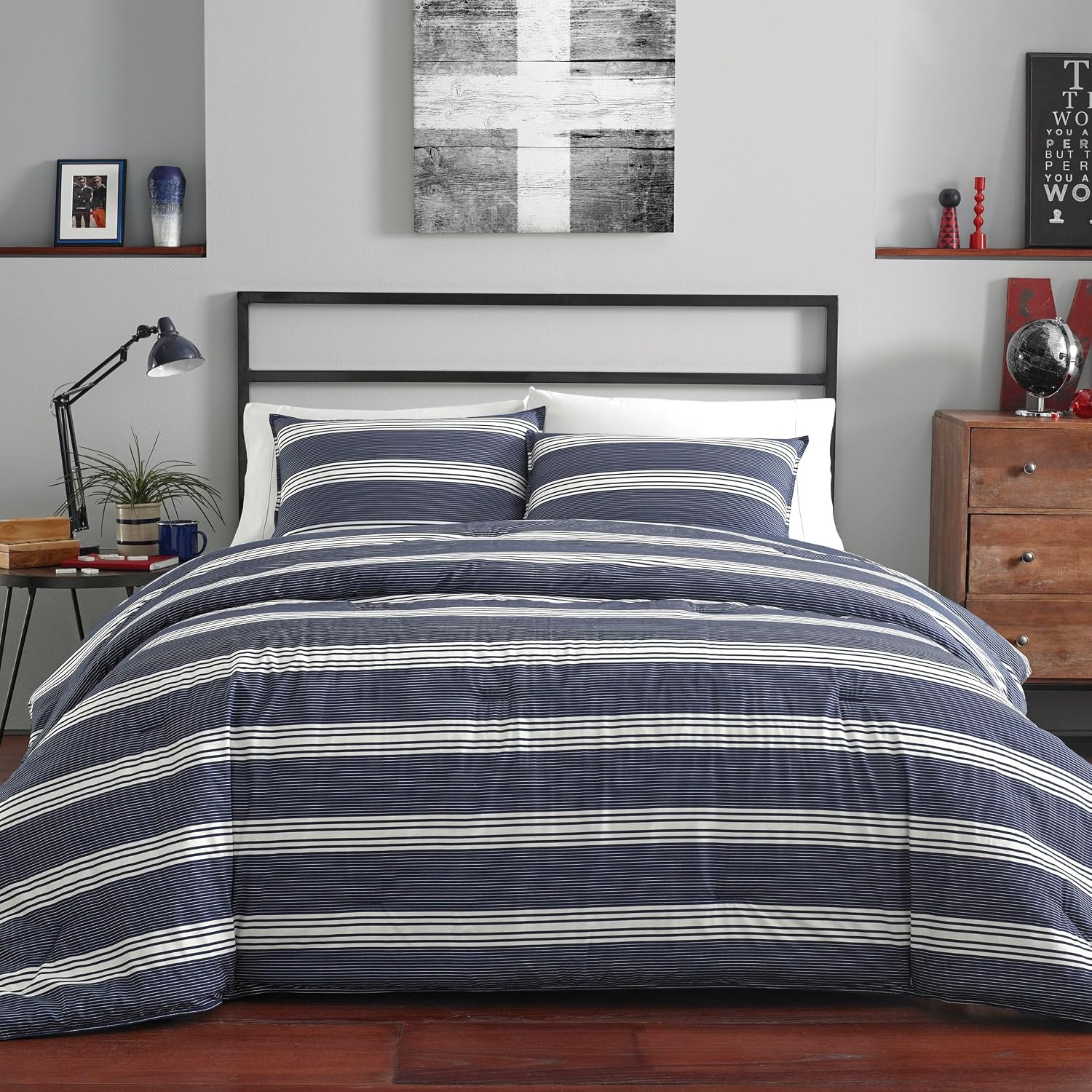 image:imageNautica Queen Comforter Set Reversible Bedding with Matching Shams Stripe Room Decor Bed Set College Dorm Room Essentials Craver CharcoalCraver Navy