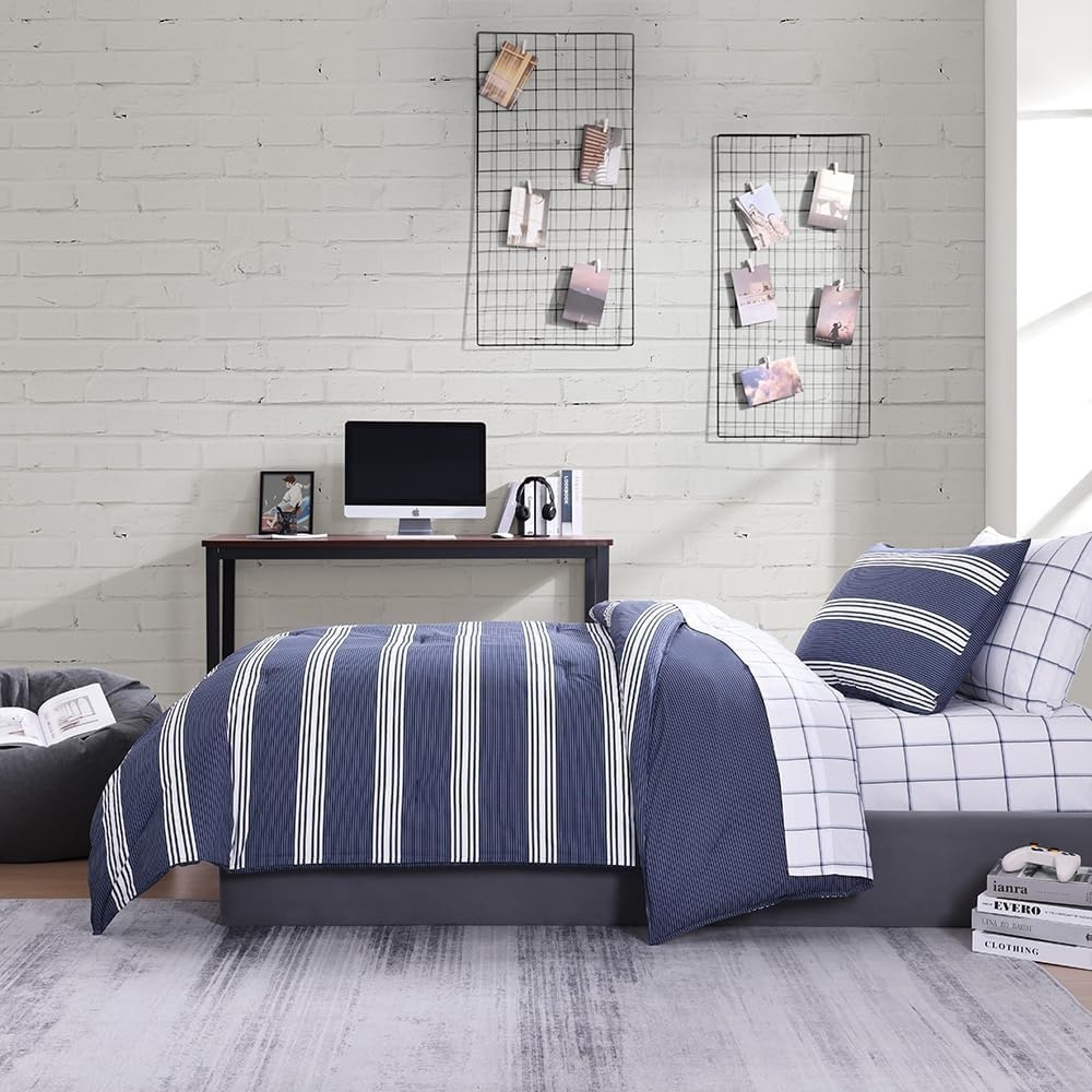 image:imageNautica Queen Comforter Set Reversible Bedding with Matching Shams Stripe Room Decor Bed Set College Dorm Room Essentials Craver CharcoalCraver Navy