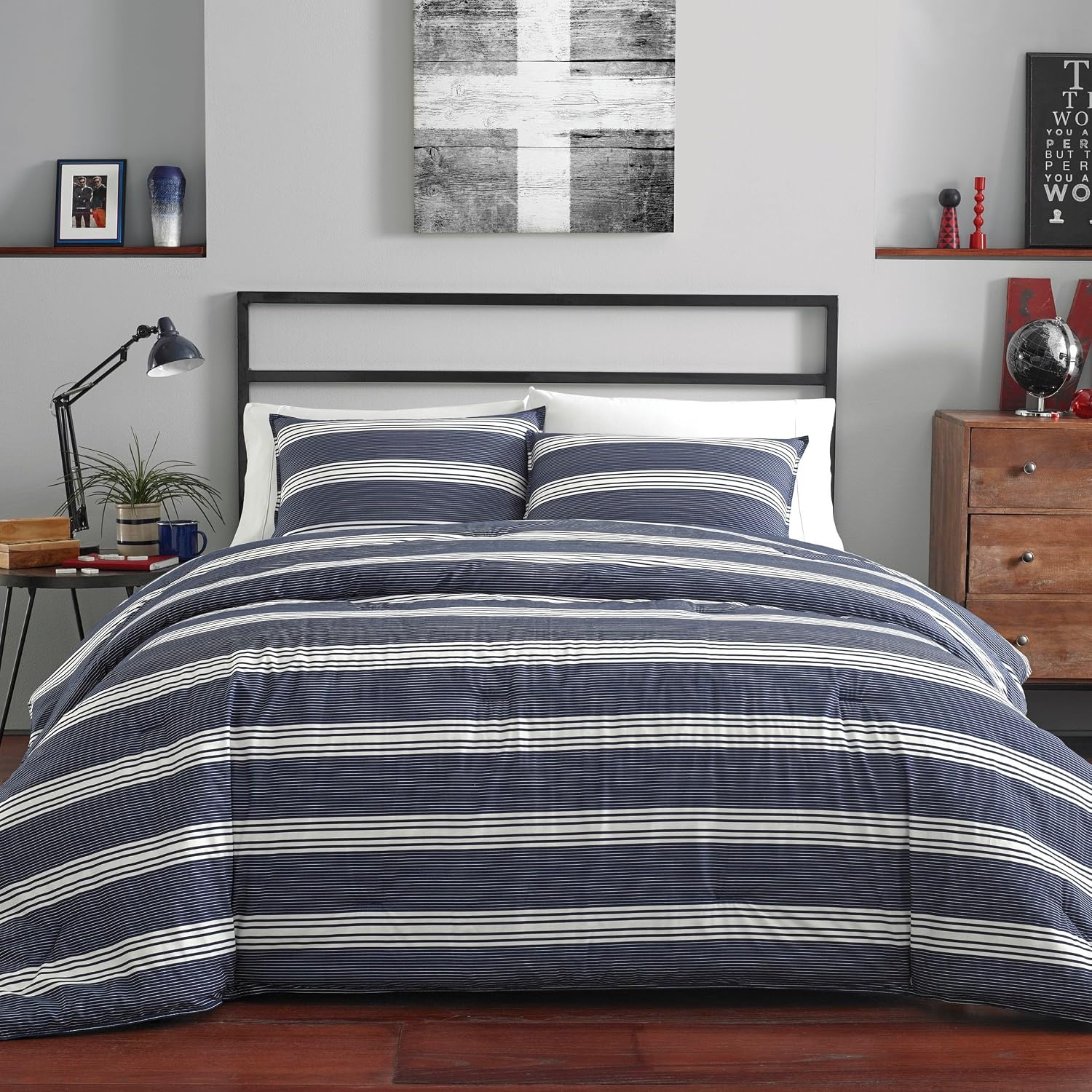 image:imageNautica Queen Comforter Set Reversible Bedding with Matching Shams Stripe Room Decor Bed Set College Dorm Room Essentials Craver CharcoalCraver Navy