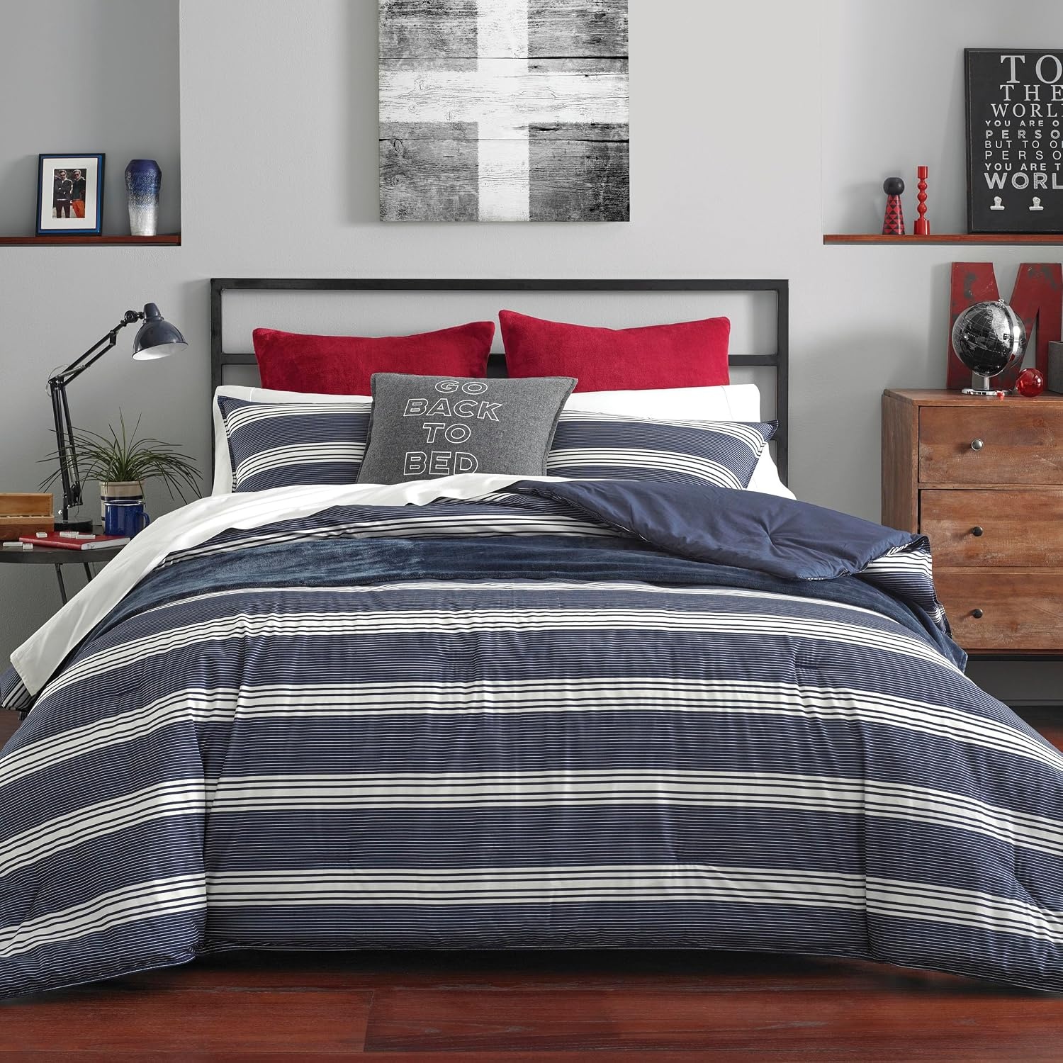 image:imageNautica Queen Comforter Set Reversible Bedding with Matching Shams Stripe Room Decor Bed Set College Dorm Room Essentials Craver CharcoalCraver Navy