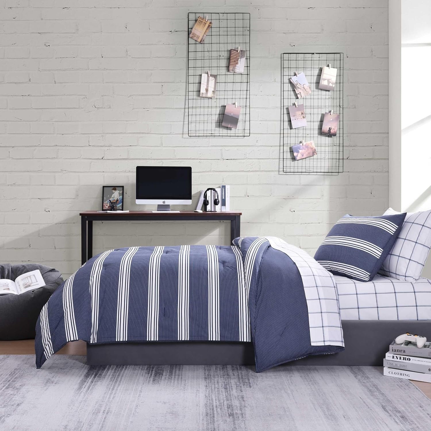 image:imageNautica Queen Comforter Set Reversible Bedding with Matching Shams Stripe Room Decor Bed Set College Dorm Room Essentials Craver CharcoalCraver Navy