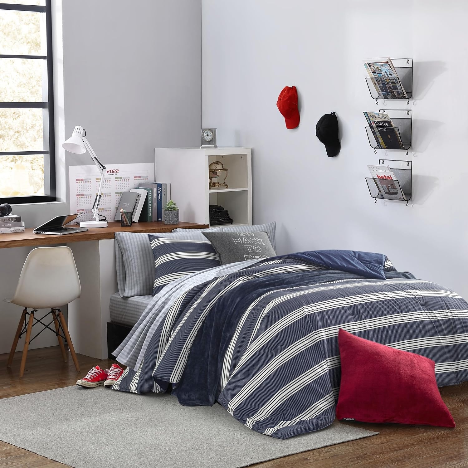 image:imageNautica Queen Comforter Set Reversible Bedding with Matching Shams Stripe Room Decor Bed Set College Dorm Room Essentials Craver CharcoalCraver Navy