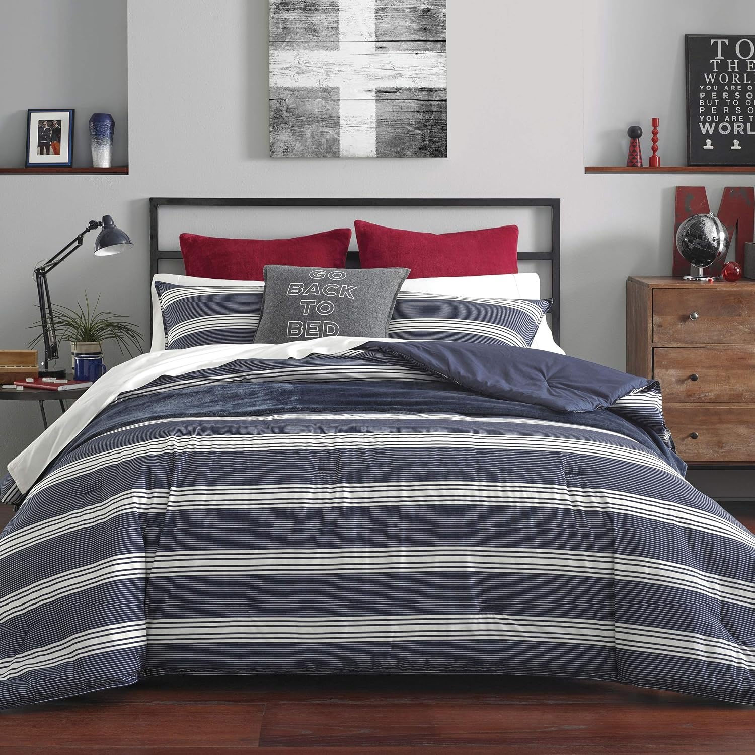 image:imageNautica Queen Comforter Set Reversible Bedding with Matching Shams Stripe Room Decor Bed Set College Dorm Room Essentials Craver CharcoalCraver Navy