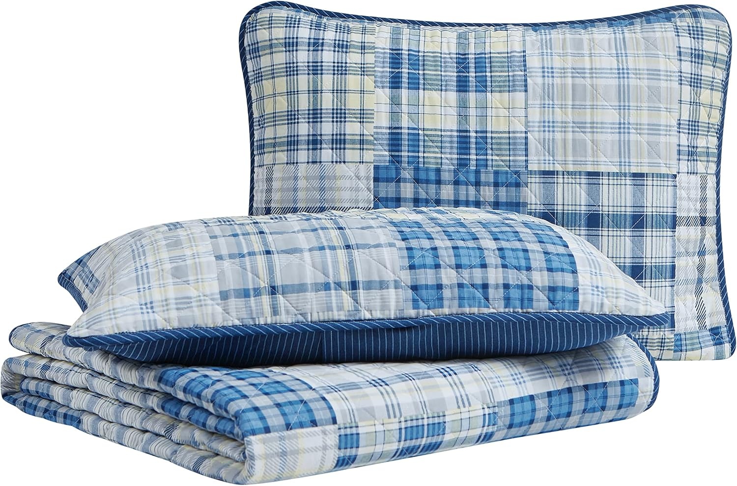 image:imageNautica Queen Quilt Set Reversible Bedding with Matching Shams Patchwork Plaid Room Decor Lightweight Bed Set College Dorm Room Essentials Raeford BlueRaeford Grey