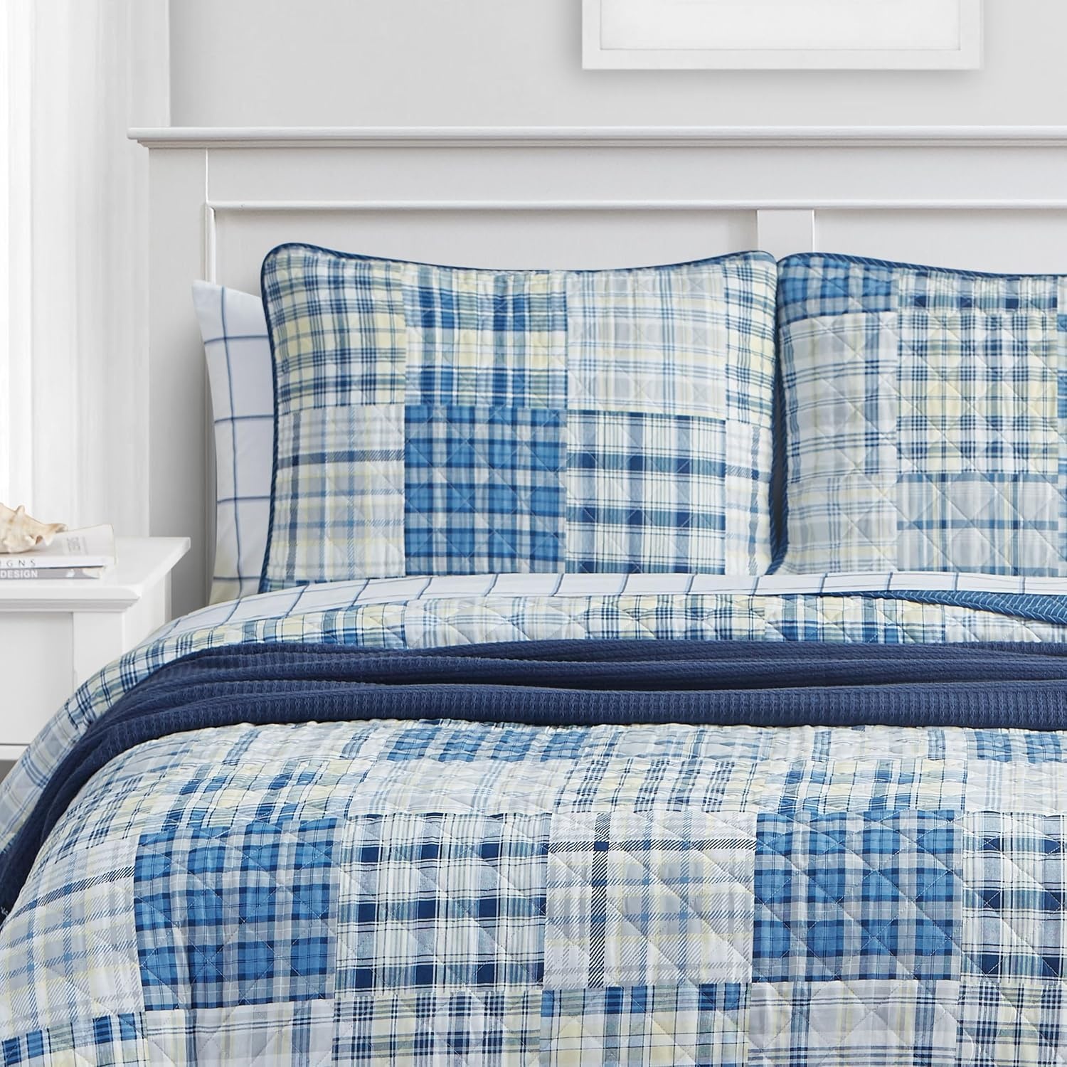 image:imageNautica Queen Quilt Set Reversible Bedding with Matching Shams Patchwork Plaid Room Decor Lightweight Bed Set College Dorm Room Essentials Raeford BlueRaeford Grey