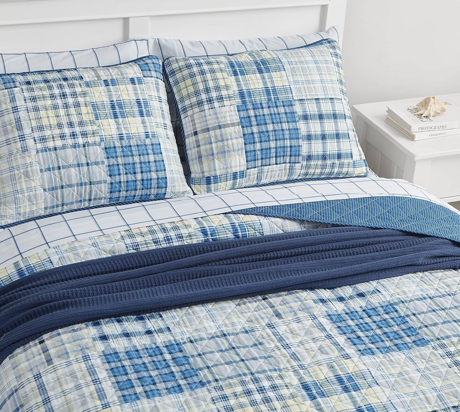 image:imageNautica Queen Quilt Set Reversible Bedding with Matching Shams Patchwork Plaid Room Decor Lightweight Bed Set College Dorm Room Essentials Raeford BlueRaeford Grey