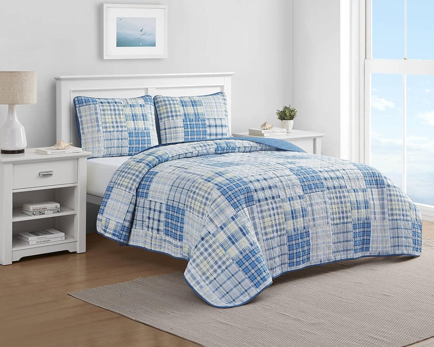 image:imageNautica Queen Quilt Set Reversible Bedding with Matching Shams Patchwork Plaid Room Decor Lightweight Bed Set College Dorm Room Essentials Raeford BlueRaeford Grey