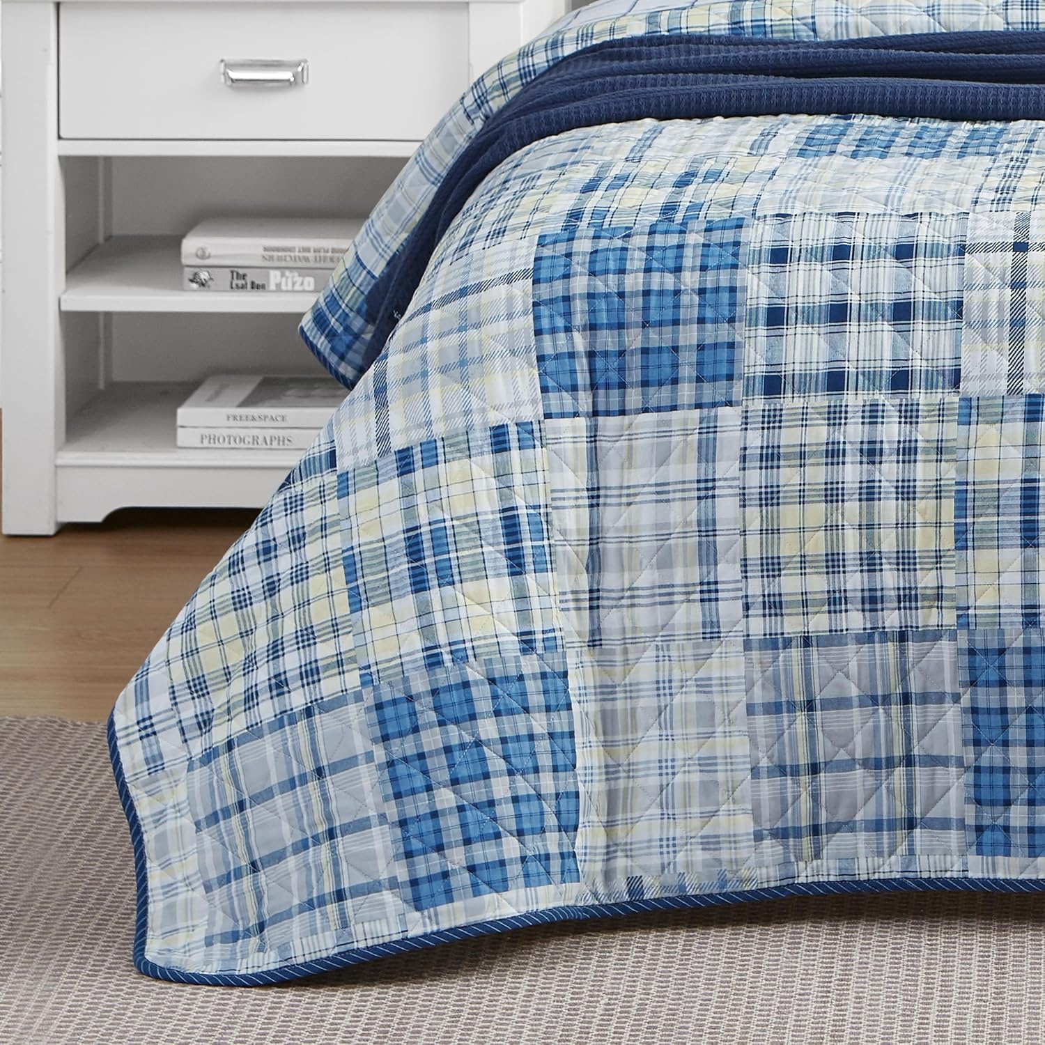image:imageNautica Queen Quilt Set Reversible Bedding with Matching Shams Patchwork Plaid Room Decor Lightweight Bed Set College Dorm Room Essentials Raeford BlueRaeford Grey