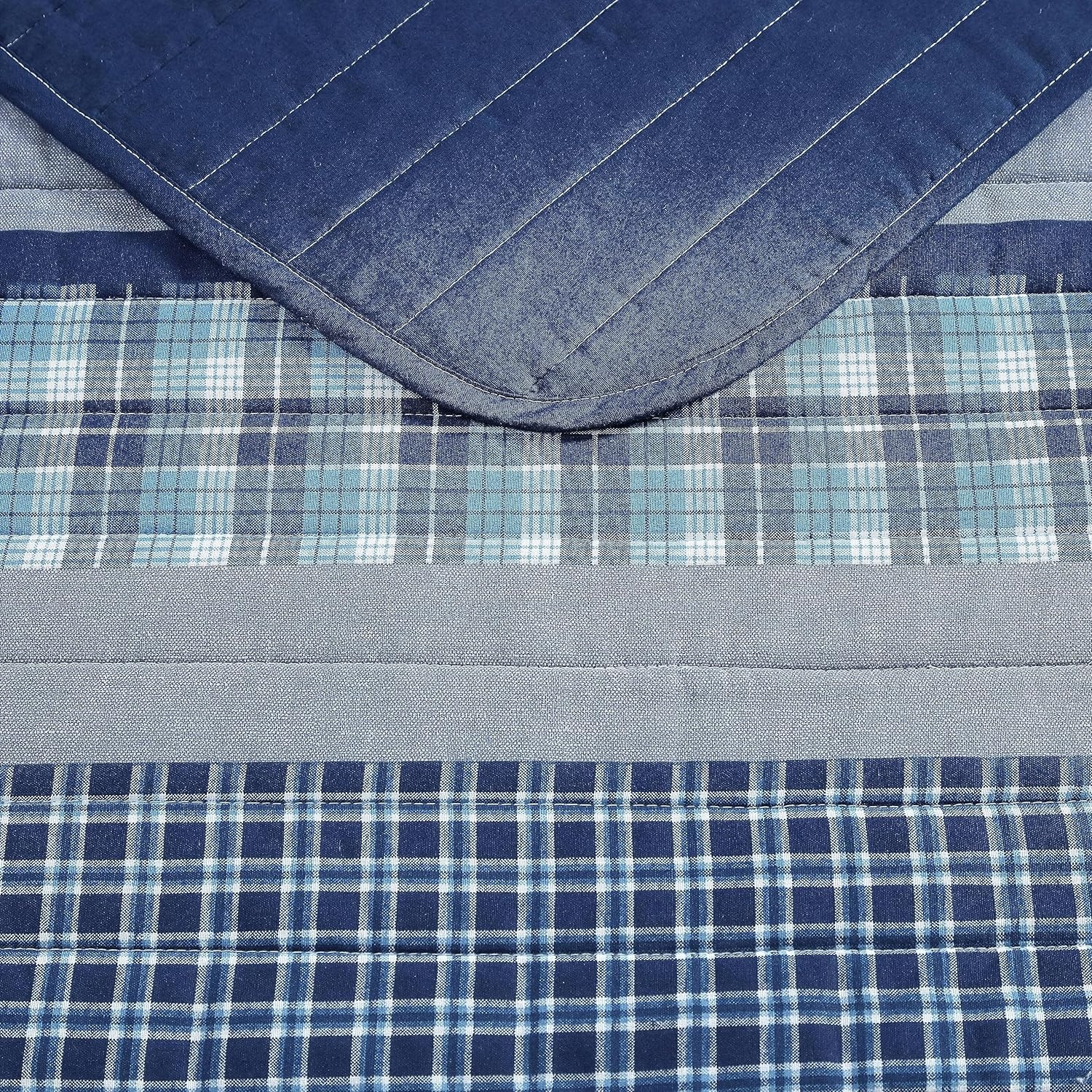 image:imageNautica Queen Quilt Set Reversible Bedding with Matching Shams Plaid and Stripe Room Decor Lightweight Bed Set College Dorm Room Essentials Addison Blue
