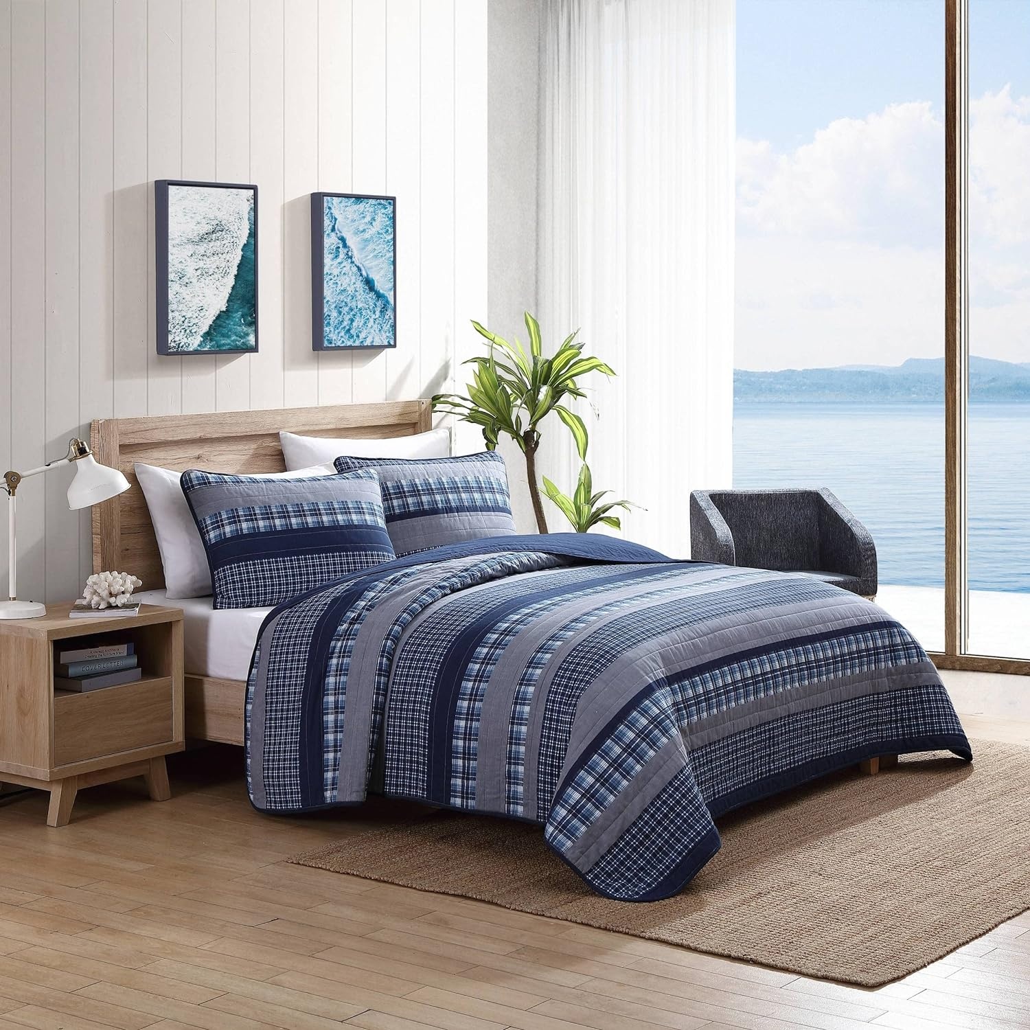 image:imageNautica Queen Quilt Set Reversible Bedding with Matching Shams Plaid and Stripe Room Decor Lightweight Bed Set College Dorm Room Essentials Addison Blue