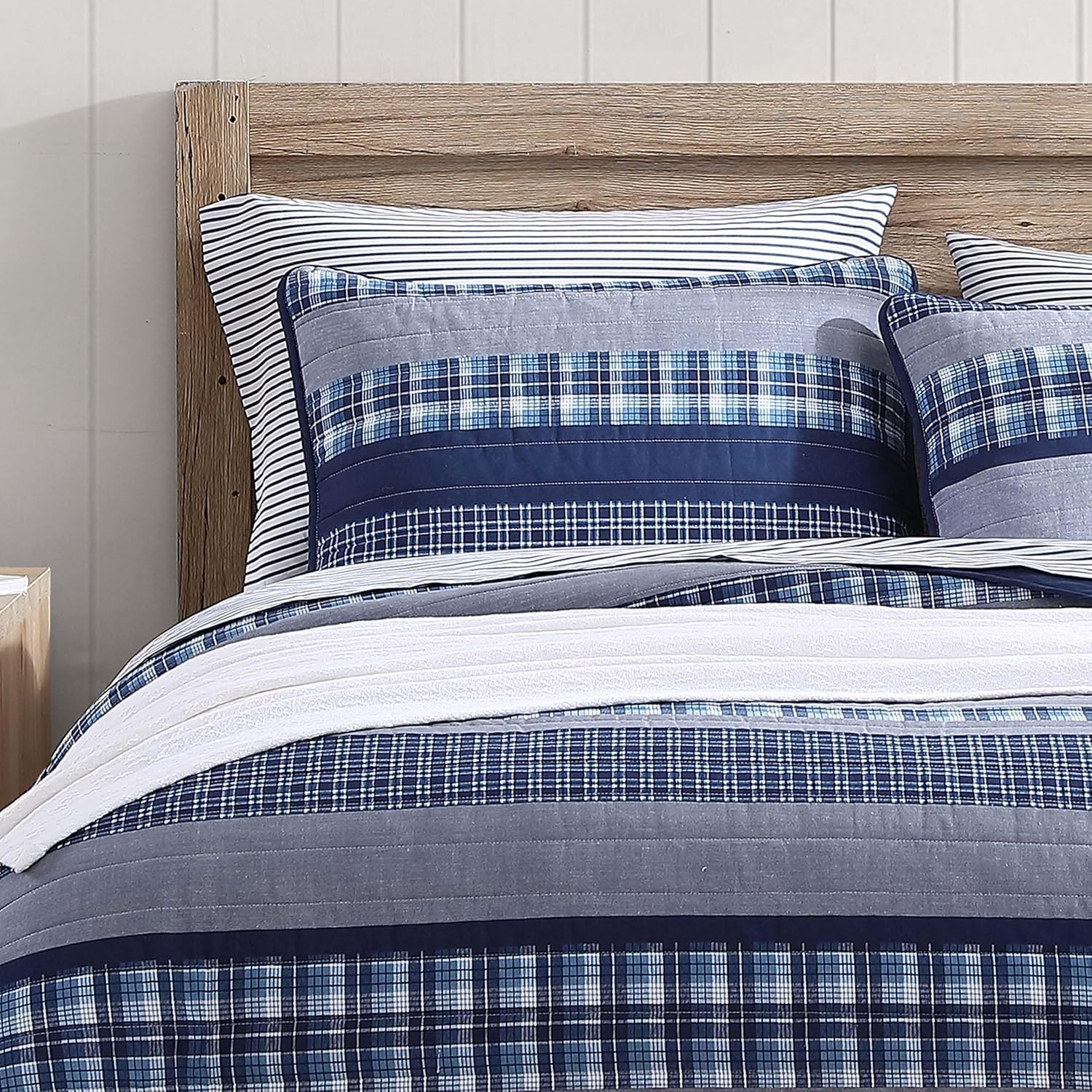image:imageNautica Queen Quilt Set Reversible Bedding with Matching Shams Plaid and Stripe Room Decor Lightweight Bed Set College Dorm Room Essentials Addison Blue