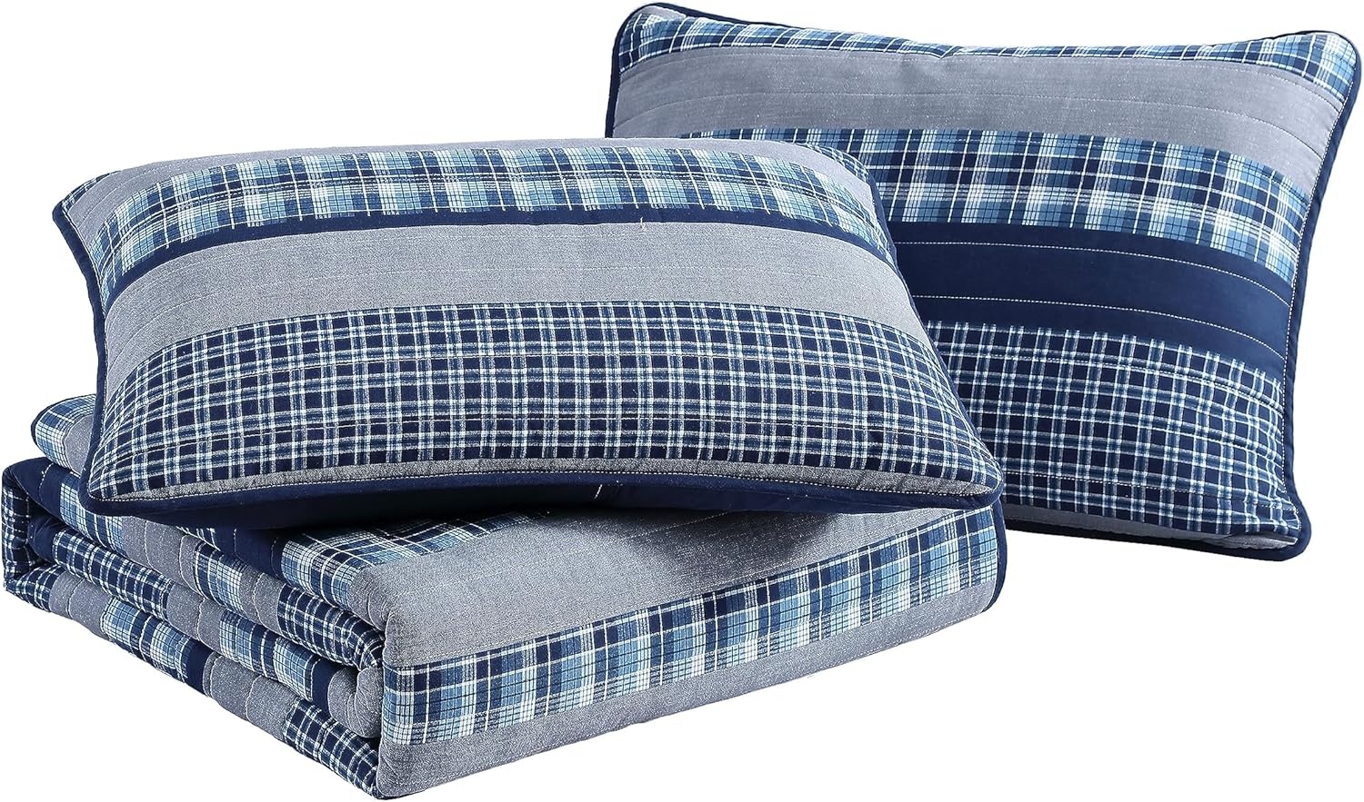 image:imageNautica Queen Quilt Set Reversible Bedding with Matching Shams Plaid and Stripe Room Decor Lightweight Bed Set College Dorm Room Essentials Addison Blue