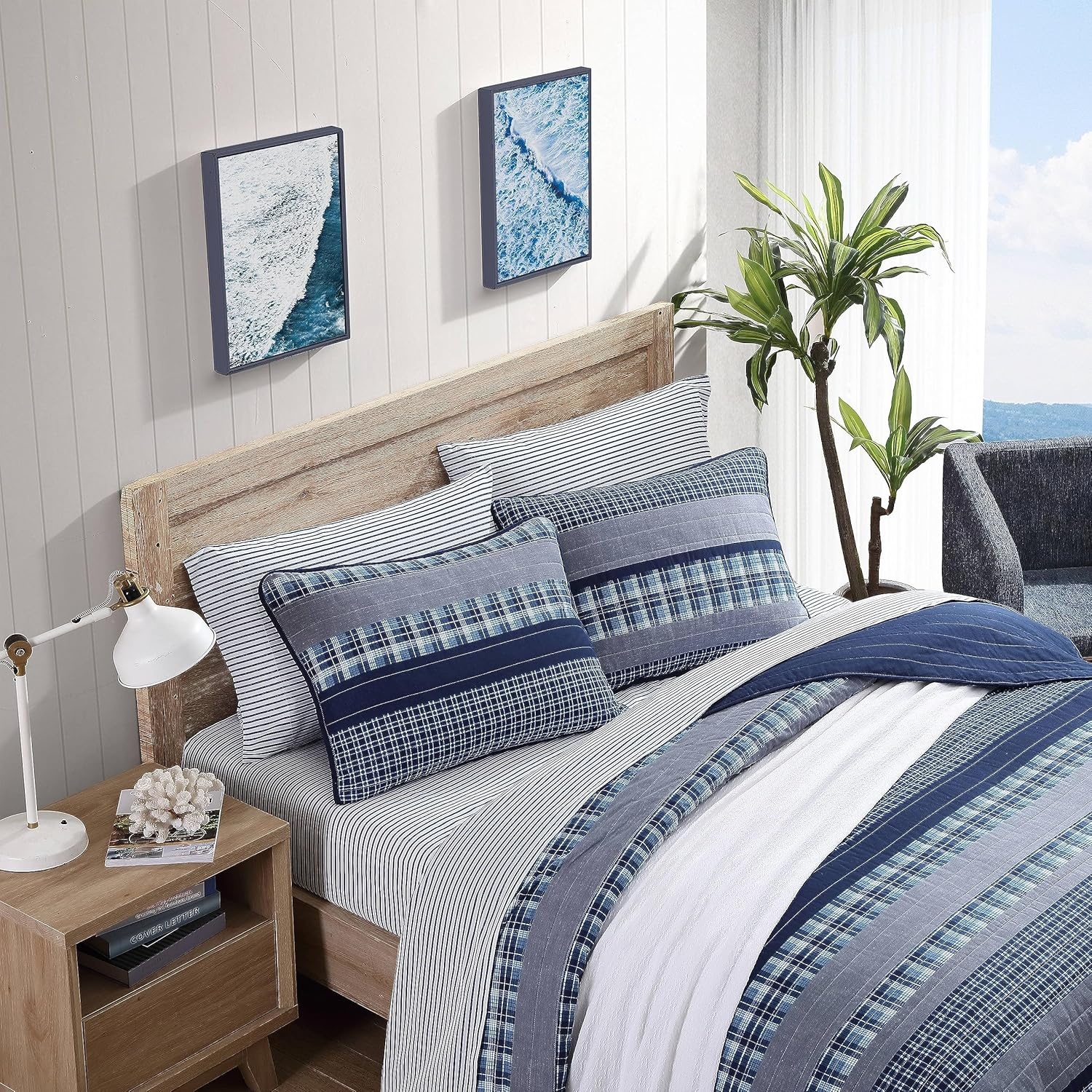 image:imageNautica Queen Quilt Set Reversible Bedding with Matching Shams Plaid and Stripe Room Decor Lightweight Bed Set College Dorm Room Essentials Addison Blue